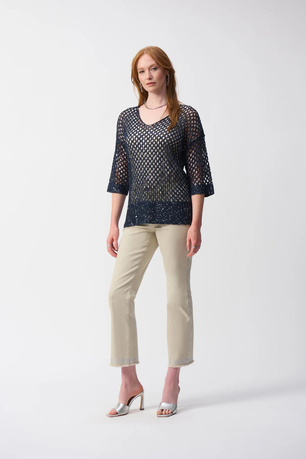 Joseph Ribkoff Open Stitch Sweater with Sequins from multiple angles. Highlights include the open stitch texture, sequin detailing, relaxed fit, and V-neckline.