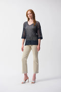 Joseph Ribkoff Open Stitch Sweater with Sequins from multiple angles. Highlights include the open stitch texture, sequin detailing, relaxed fit, and V-neckline.