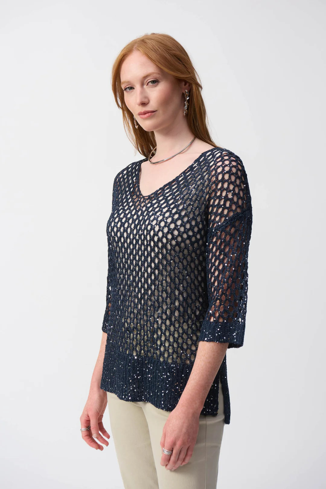 Joseph Ribkoff Open Stitch Sweater with Sequins from multiple angles. Highlights include the open stitch texture, sequin detailing, relaxed fit, and V-neckline.