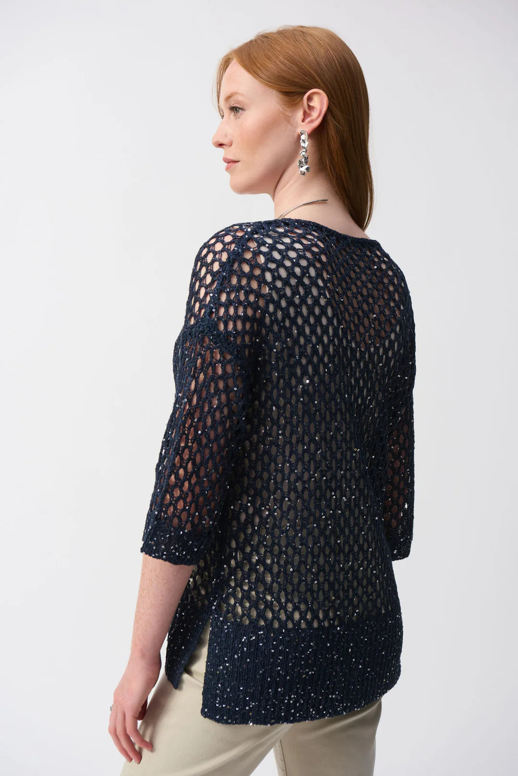 Joseph Ribkoff Open Stitch Sweater with Sequins from multiple angles. Highlights include the open stitch texture, sequin detailing, relaxed fit, and V-neckline.