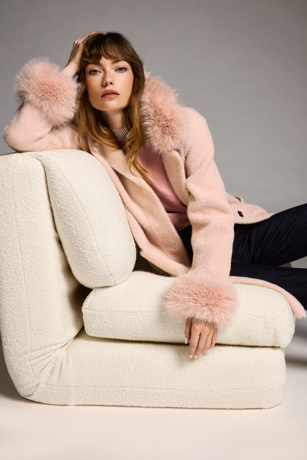 Feather Yarn and Faux Fur Sweater Coat