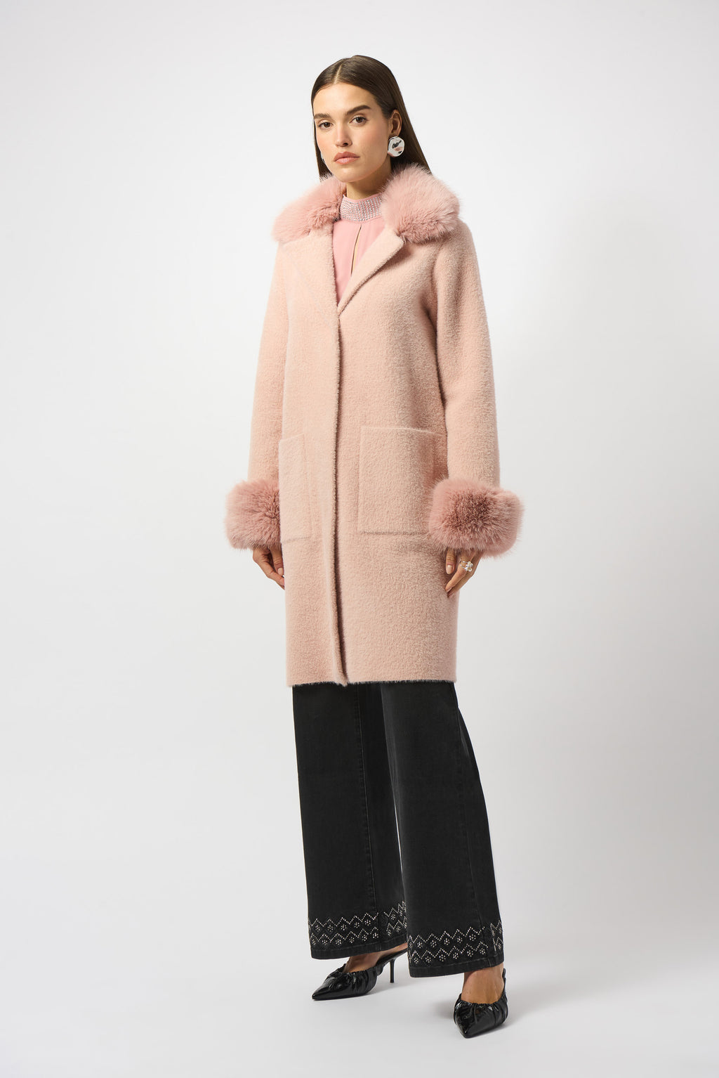 Feather Yarn and Faux Fur Sweater Coat