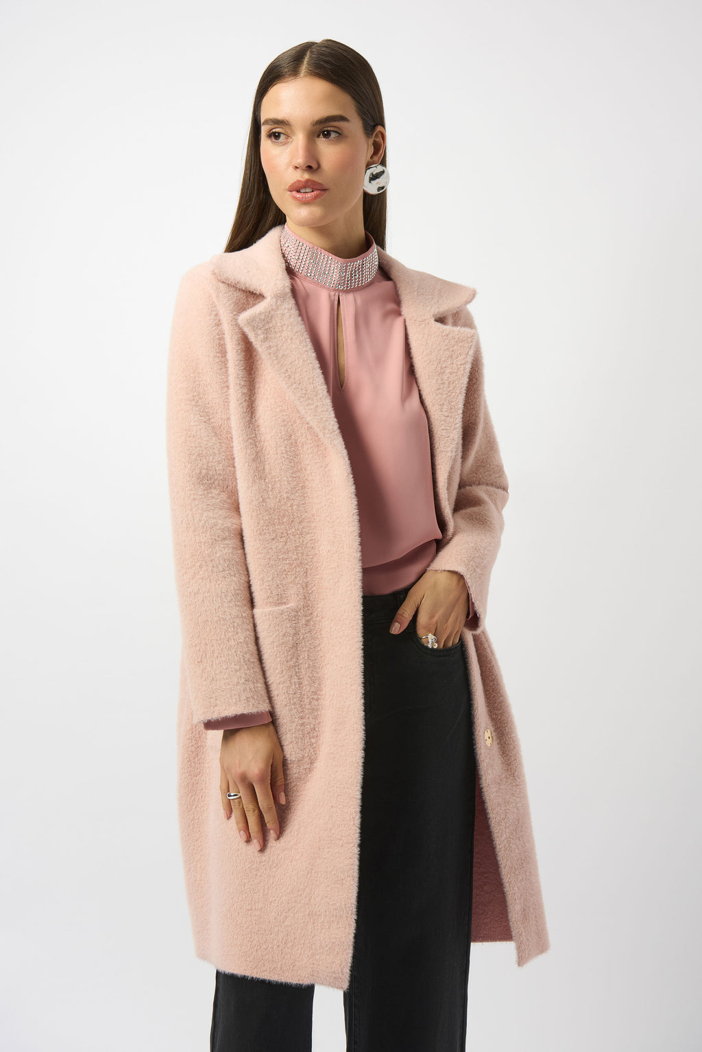 Feather Yarn and Faux Fur Sweater Coat