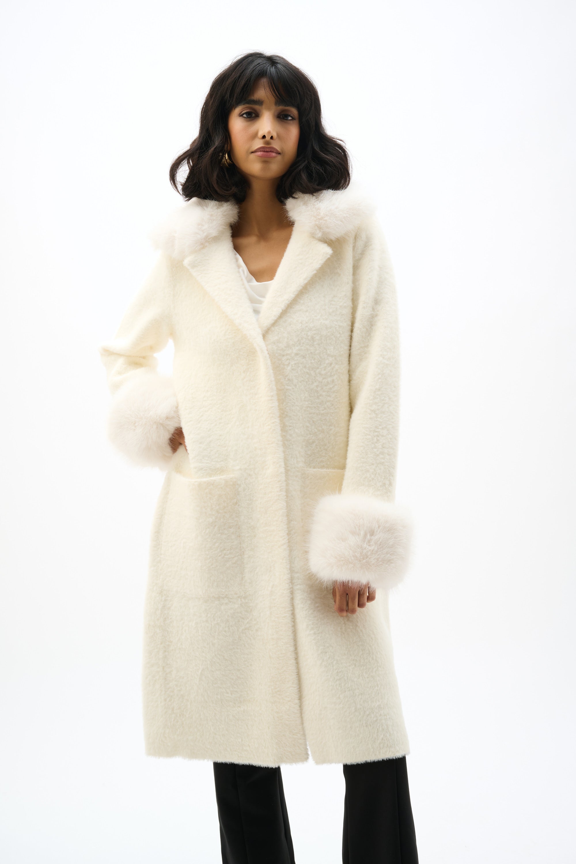 Feather Yarn and Faux Fur Sweater Coat
