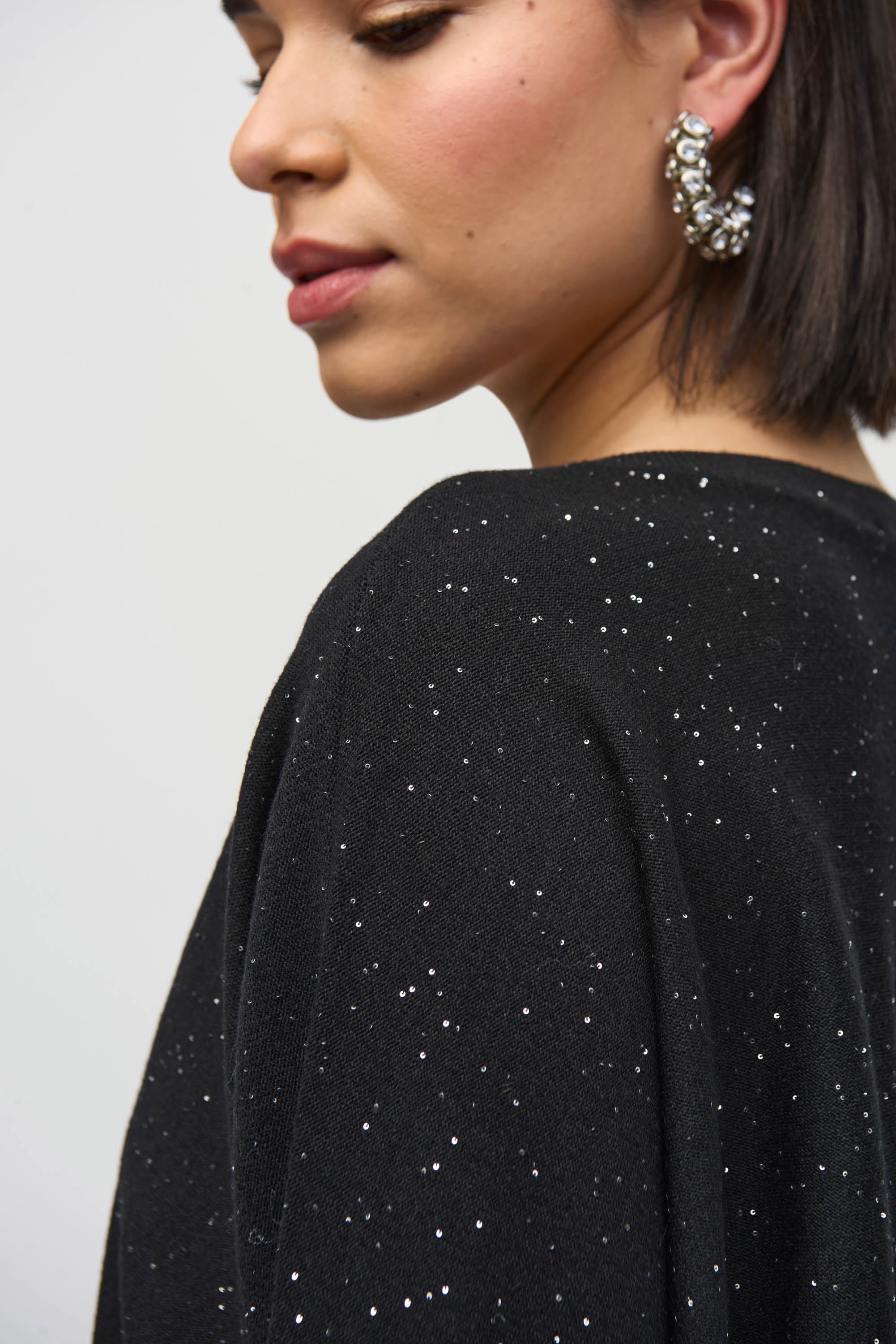 Joseph Ribkoff black Sequined Sweater Knit Boxy Top from the front, back, and side, highlighting the relaxed boxy fit, V-neckline, dolman sleeves, and the fine sequin-embroidered sweater knit texture that adds a subtle allover shimmer.