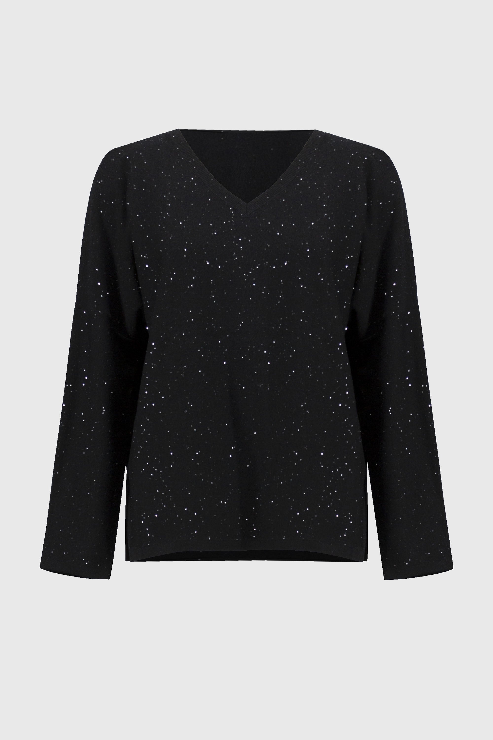 Joseph Ribkoff black Sequined Sweater Knit Boxy Top from the front, back, and side, highlighting the relaxed boxy fit, V-neckline, dolman sleeves, and the fine sequin-embroidered sweater knit texture that adds a subtle allover shimmer.