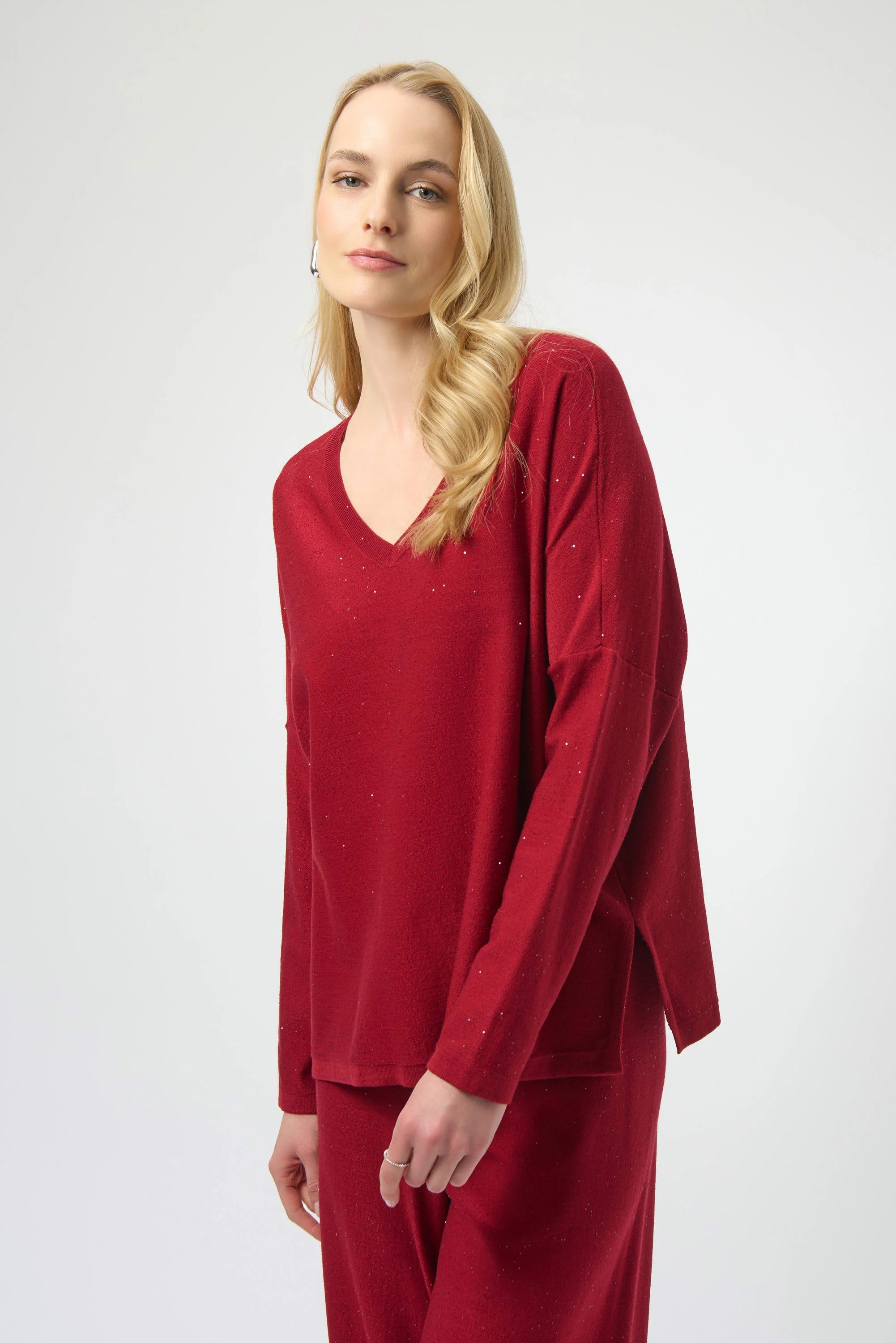 Joseph Ribkoff cherry Sequined Sweater Knit Boxy Top from the front, back, and side, highlighting the relaxed boxy fit, V-neckline, dolman sleeves, and the fine sequin-embroidered sweater knit texture that adds a subtle allover shimmer.
