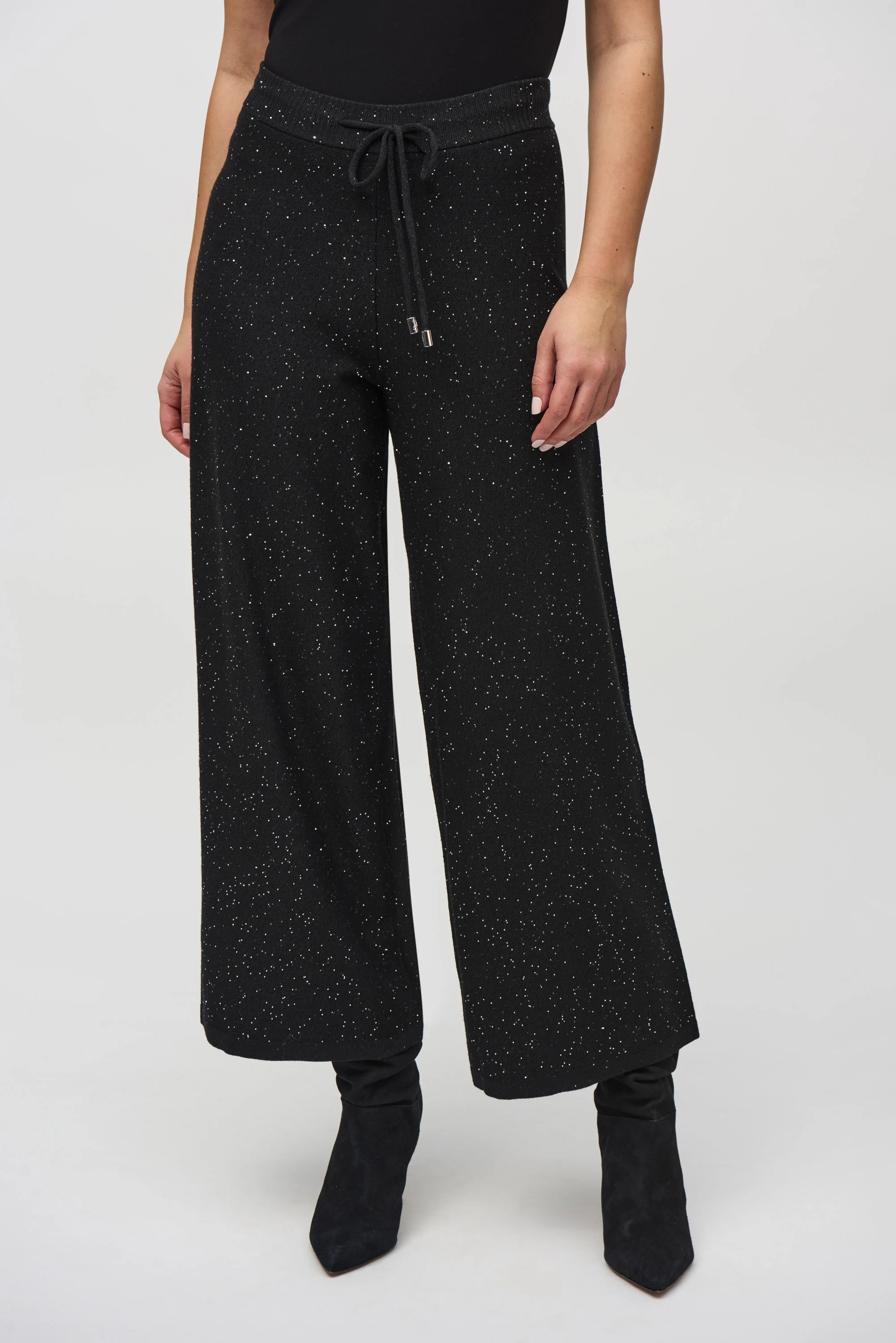 Sequined Sweater Knit Culotte Pants by Joseph Ribkoff, highlighting the viscose blend texture, shimmering sequins, culotte silhouette, and elastic waistband.