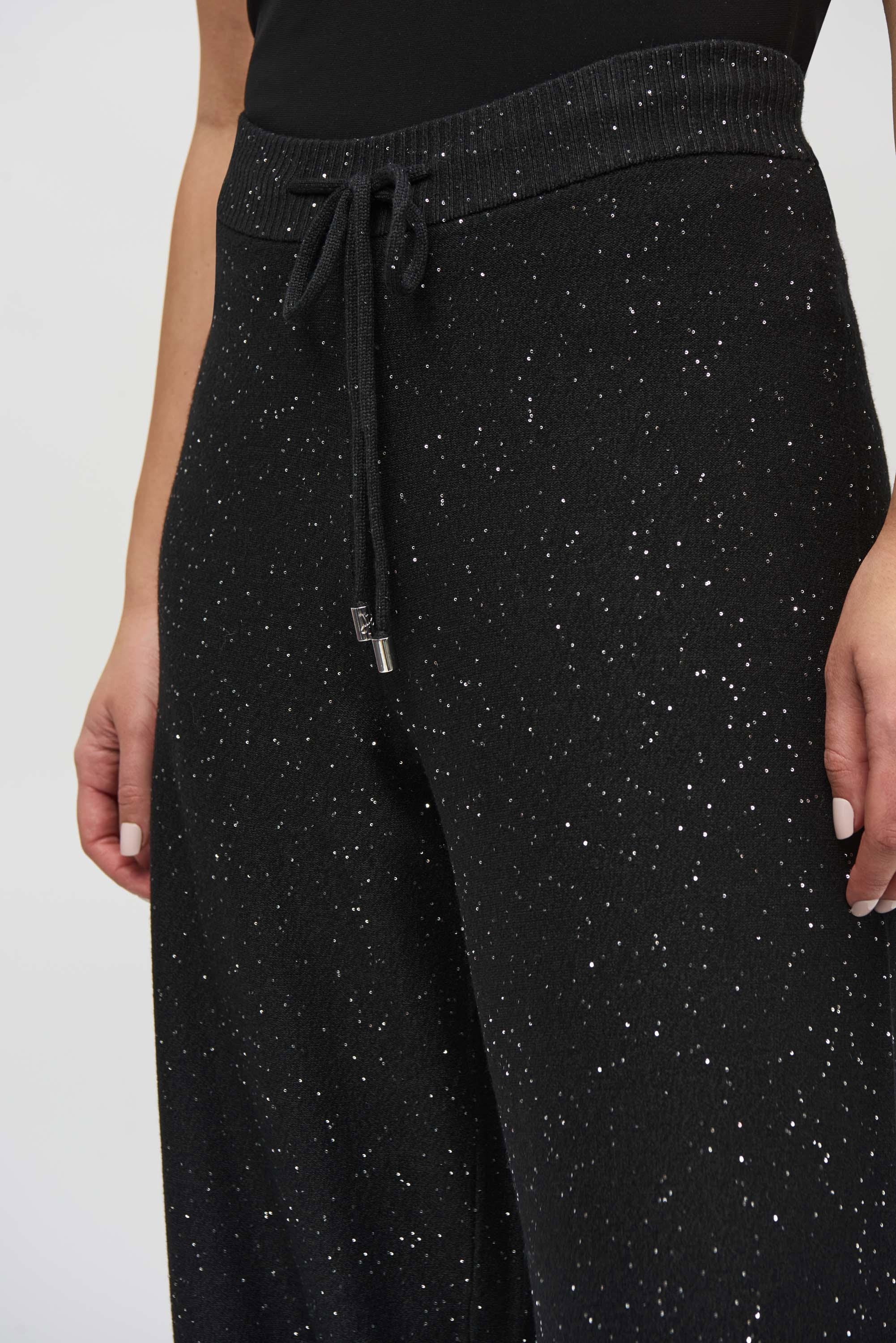 Sequined Sweater Knit Culotte Pants by Joseph Ribkoff, highlighting the viscose blend texture, shimmering sequins, culotte silhouette, and elastic waistband.