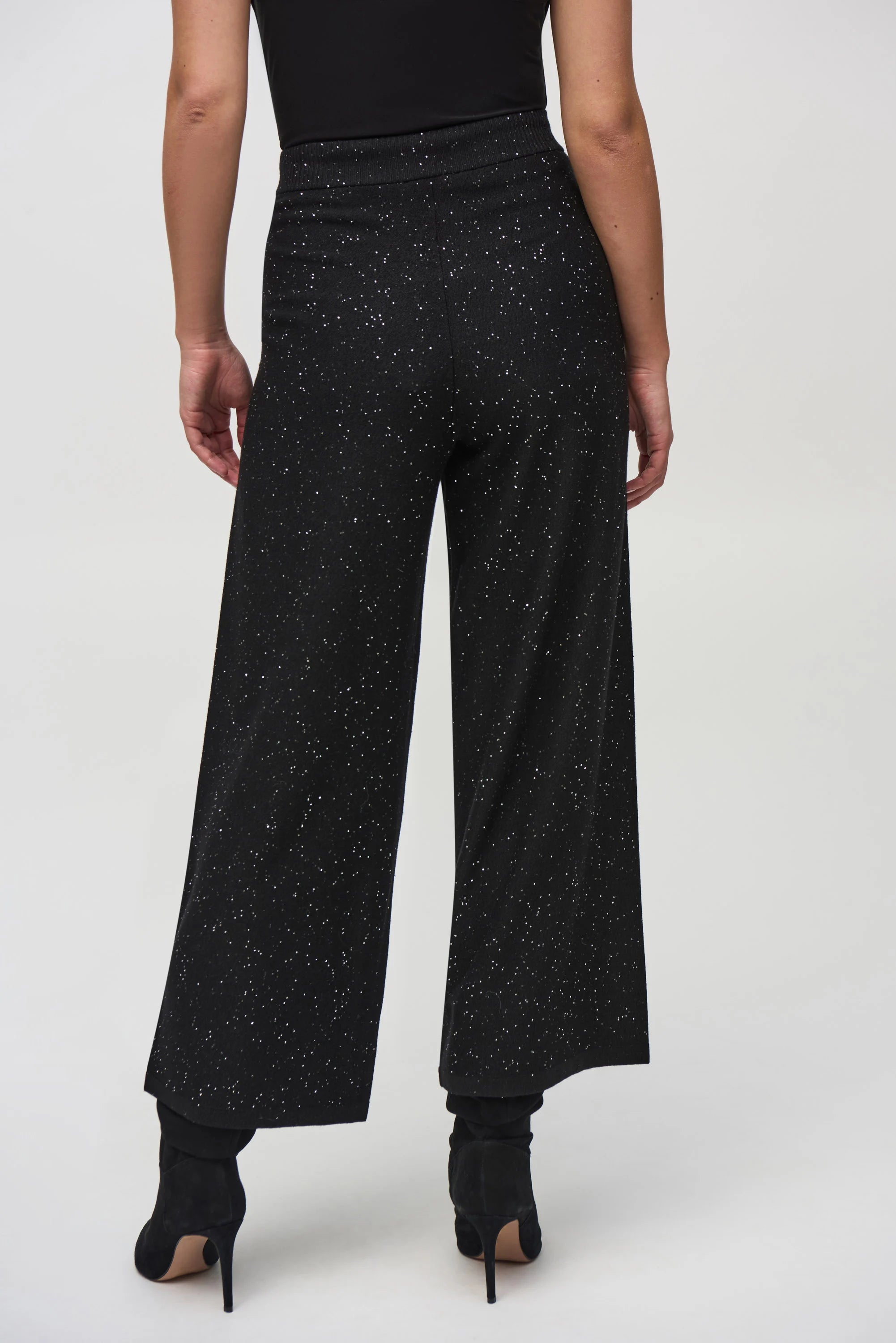 Sequined Sweater Knit Culotte Pants by Joseph Ribkoff, highlighting the viscose blend texture, shimmering sequins, culotte silhouette, and elastic waistband.