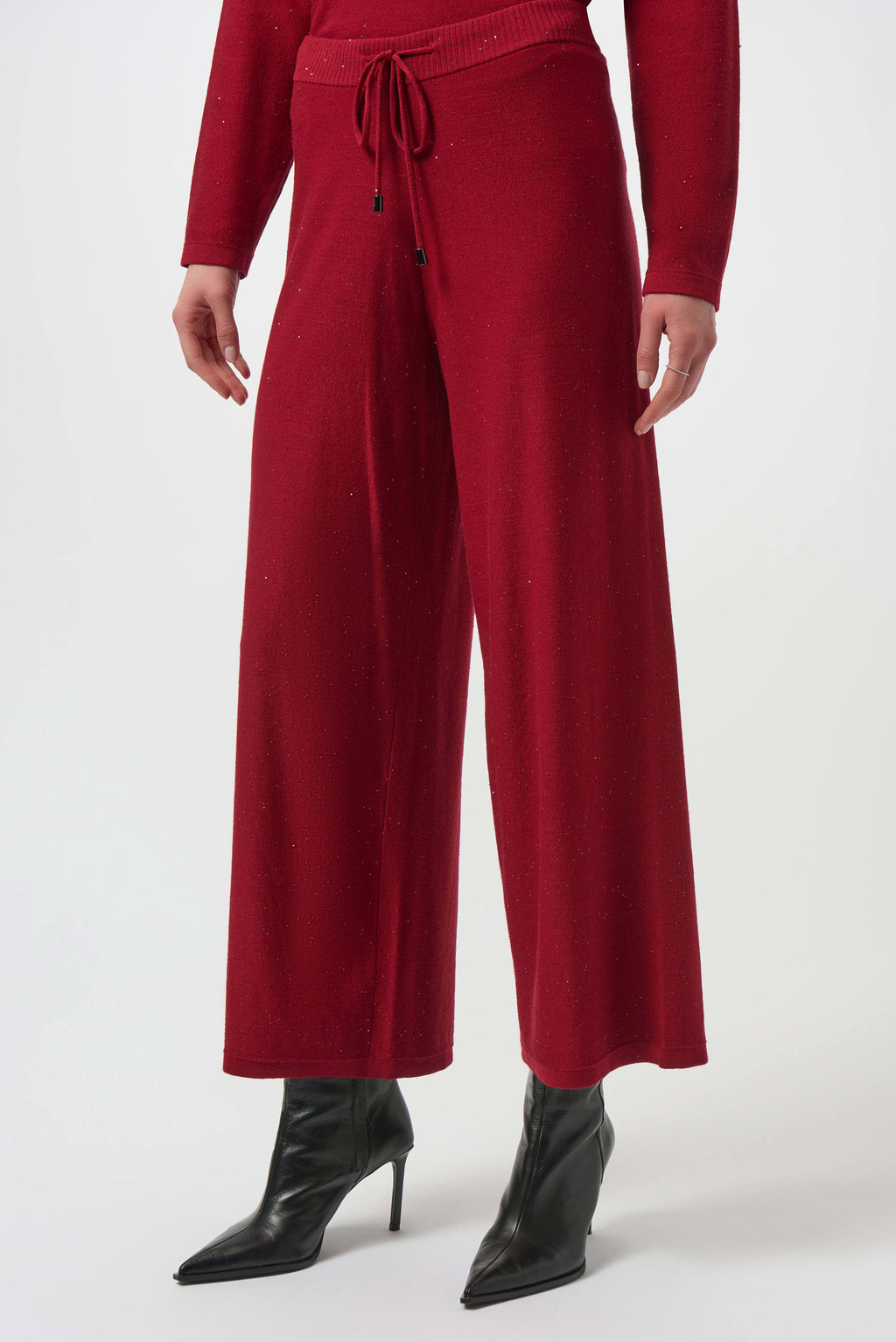 Sequined Sweater Knit Culotte Pants by Joseph Ribkoff, highlighting the viscose blend texture, shimmering sequins, culotte silhouette, and elastic waistband.