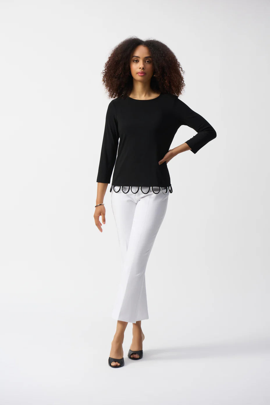 Black/Vanilla Loop Detail 3/4 Sleeve Fitted Top by Joseph Ribkoff, highlighting the fitted silhouette, loop detail, 3/4 sleeve, and color-block contrast.