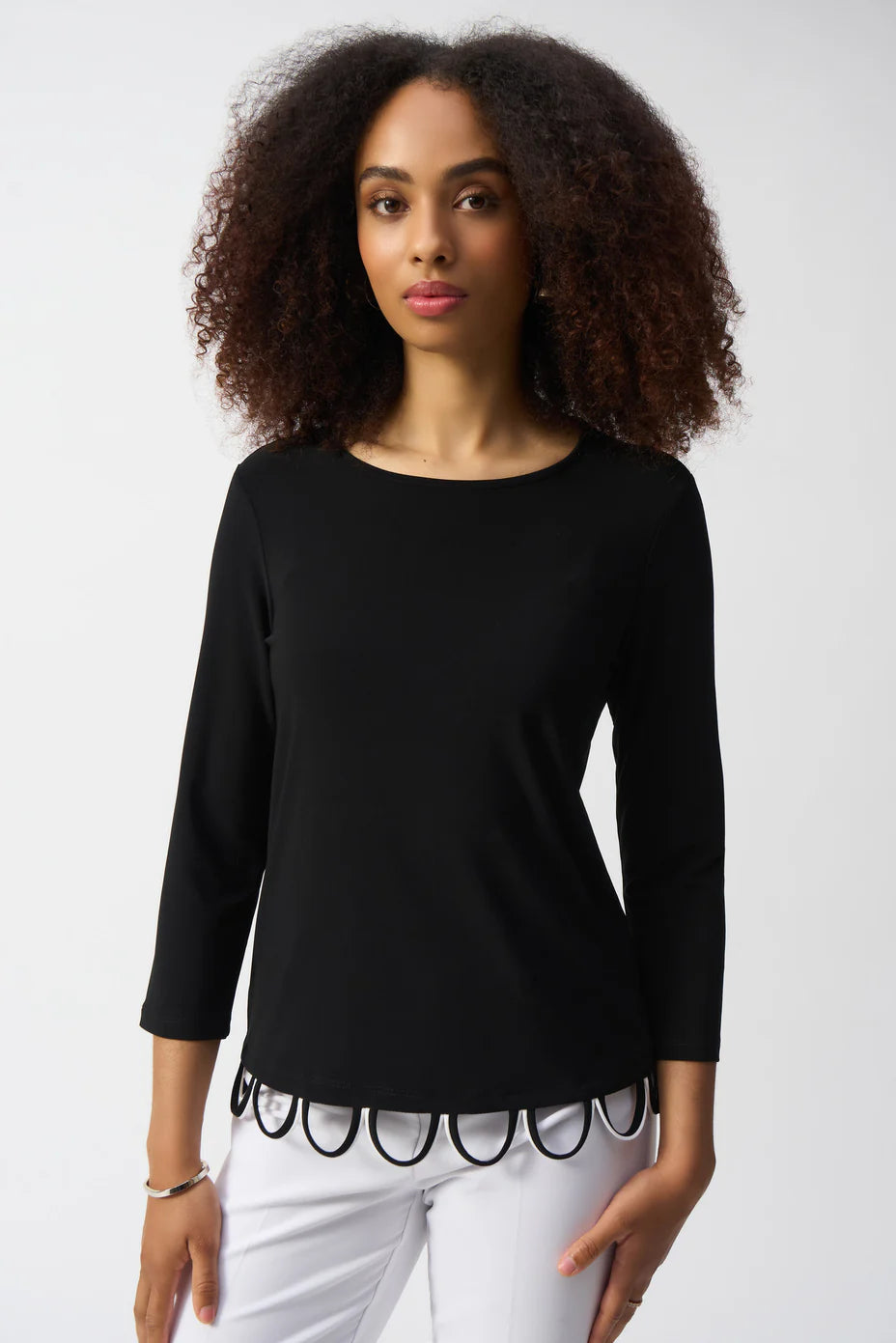 Black/Vanilla Loop Detail 3/4 Sleeve Fitted Top by Joseph Ribkoff, highlighting the fitted silhouette, loop detail, 3/4 sleeve, and color-block contrast.