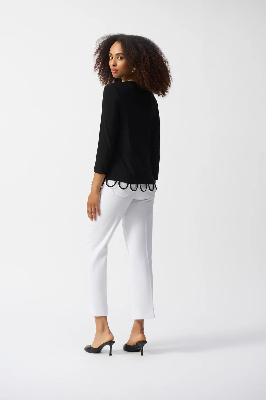 Black/Vanilla Loop Detail 3/4 Sleeve Fitted Top by Joseph Ribkoff, highlighting the fitted silhouette, loop detail, 3/4 sleeve, and color-block contrast.