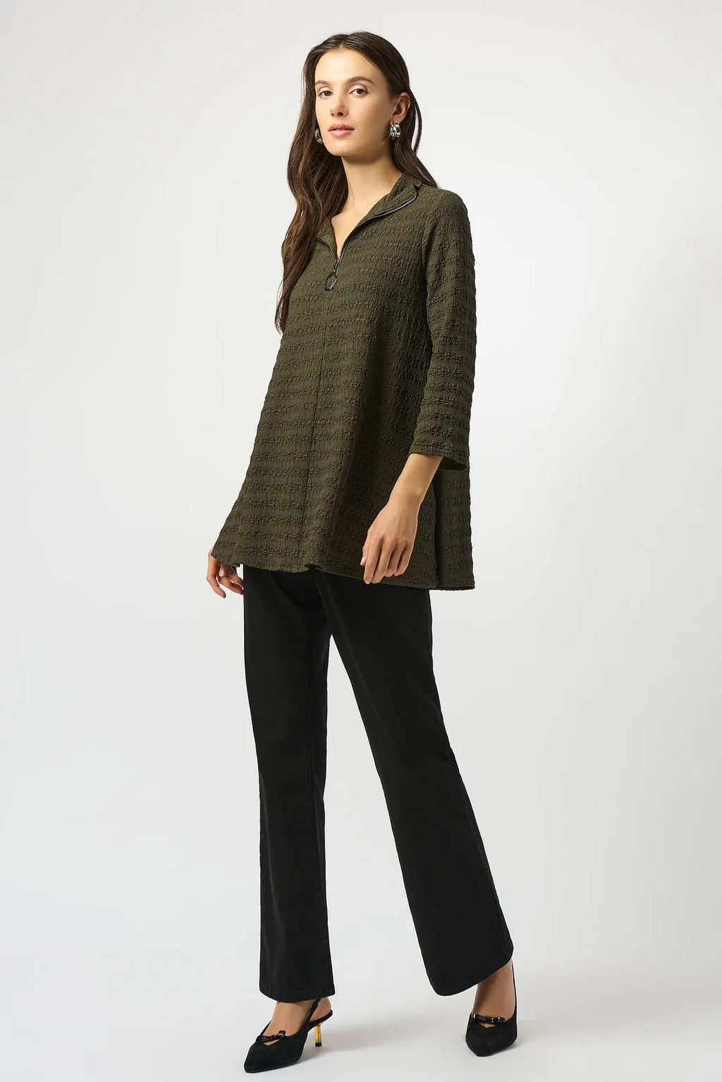 Avocado Textured Knit A-Line Tunic by Joseph Ribkoff, highlighting the textured fabric, vibrant avocado color, A-line silhouette, and boat neck detail.