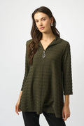Avocado Textured Knit A-Line Tunic by Joseph Ribkoff, highlighting the textured fabric, vibrant avocado color, A-line silhouette, and boat neck detail.