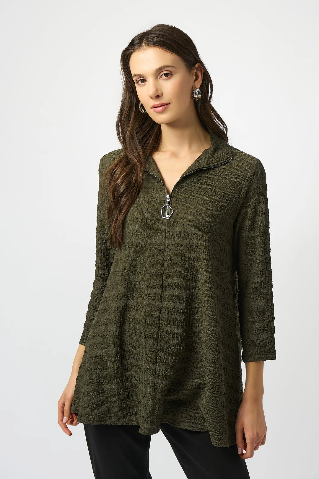 Avocado Textured Knit A-Line Tunic by Joseph Ribkoff, highlighting the textured fabric, vibrant avocado color, A-line silhouette, and boat neck detail.