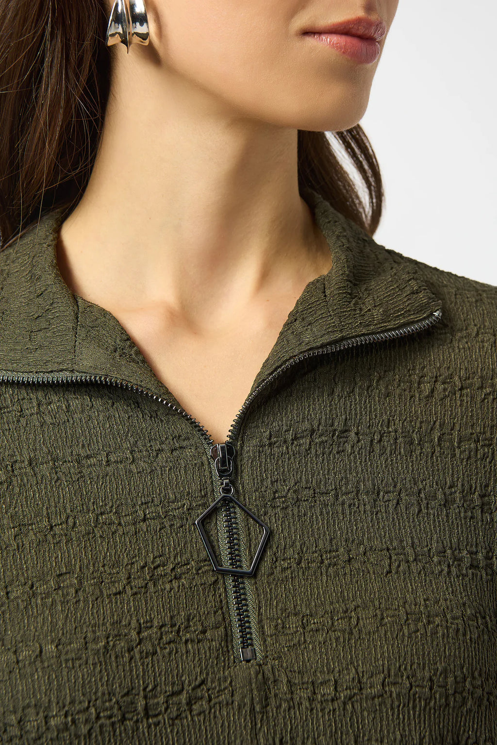 Avocado Textured Knit A-Line Tunic by Joseph Ribkoff, highlighting the textured fabric, vibrant avocado color, A-line silhouette, and boat neck detail.