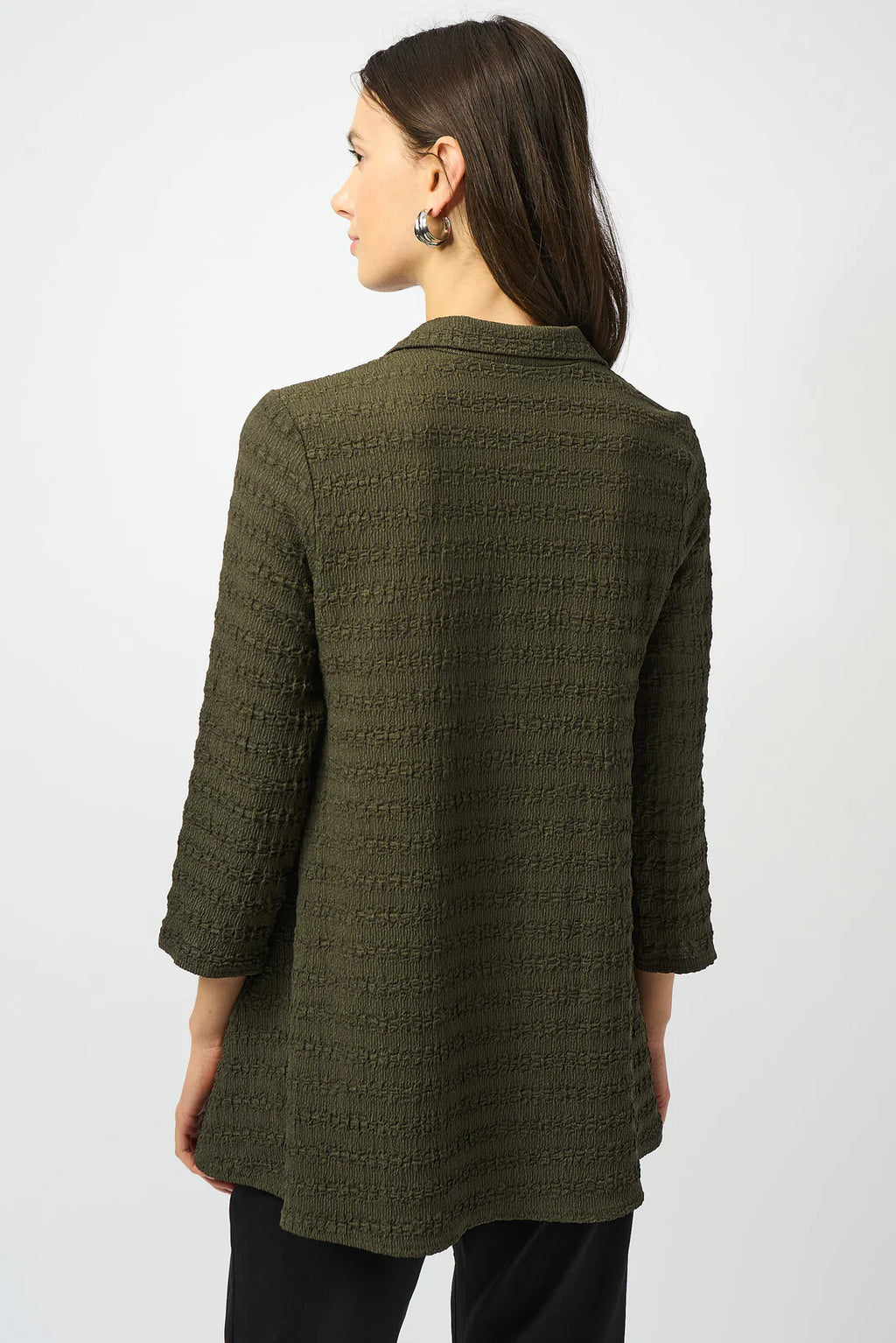 Avocado Textured Knit A-Line Tunic by Joseph Ribkoff, highlighting the textured fabric, vibrant avocado color, A-line silhouette, and boat neck detail.