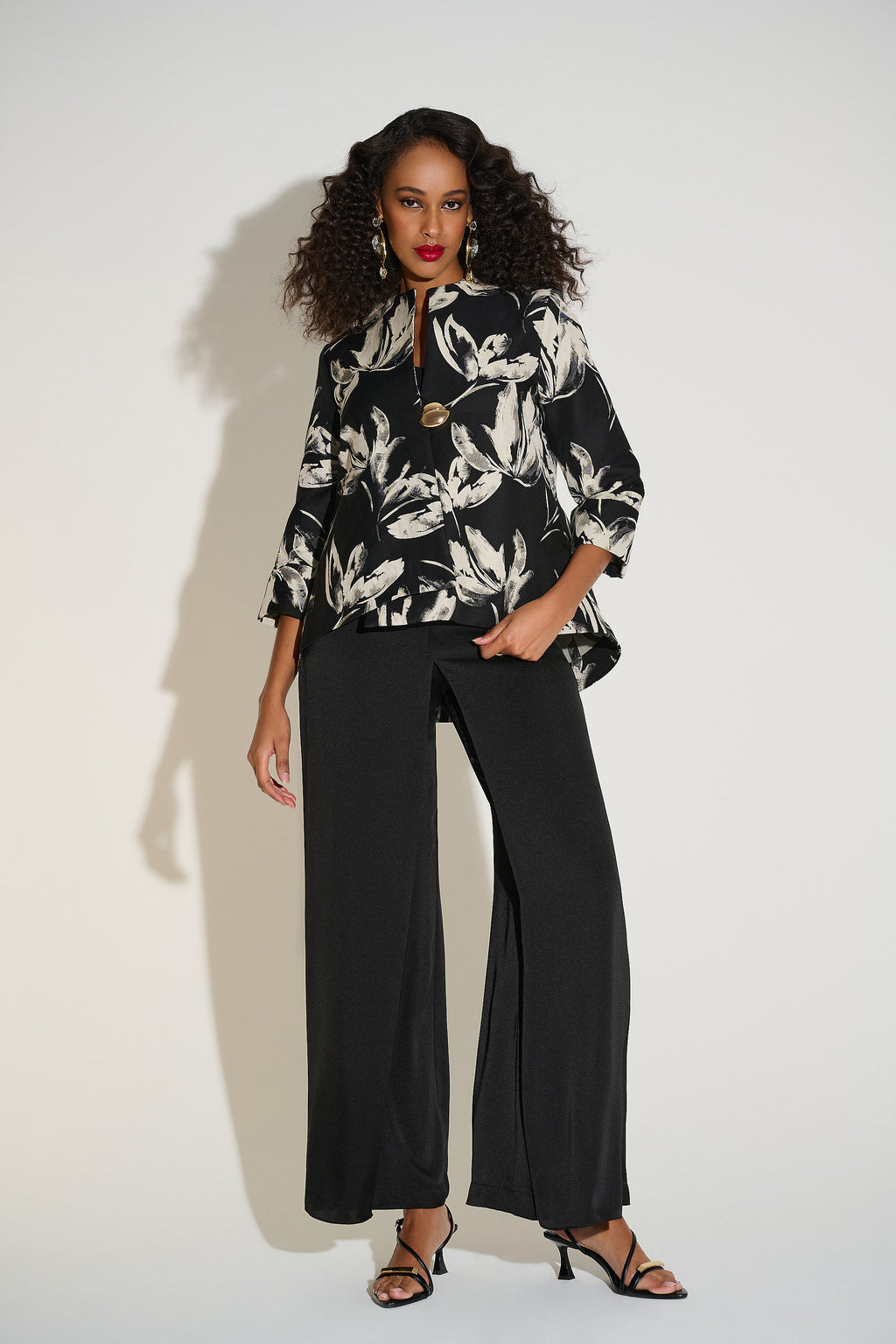 Jacquard Floral Print Swing Jacket by Joseph Ribkoff, highlighting the floral jacquard pattern, funnel collar, three-quarter cuffed sleeves, and swing silhouette.