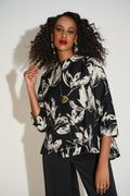 Jacquard Floral Print Swing Jacket by Joseph Ribkoff, highlighting the floral jacquard pattern, funnel collar, three-quarter cuffed sleeves, and swing silhouette.