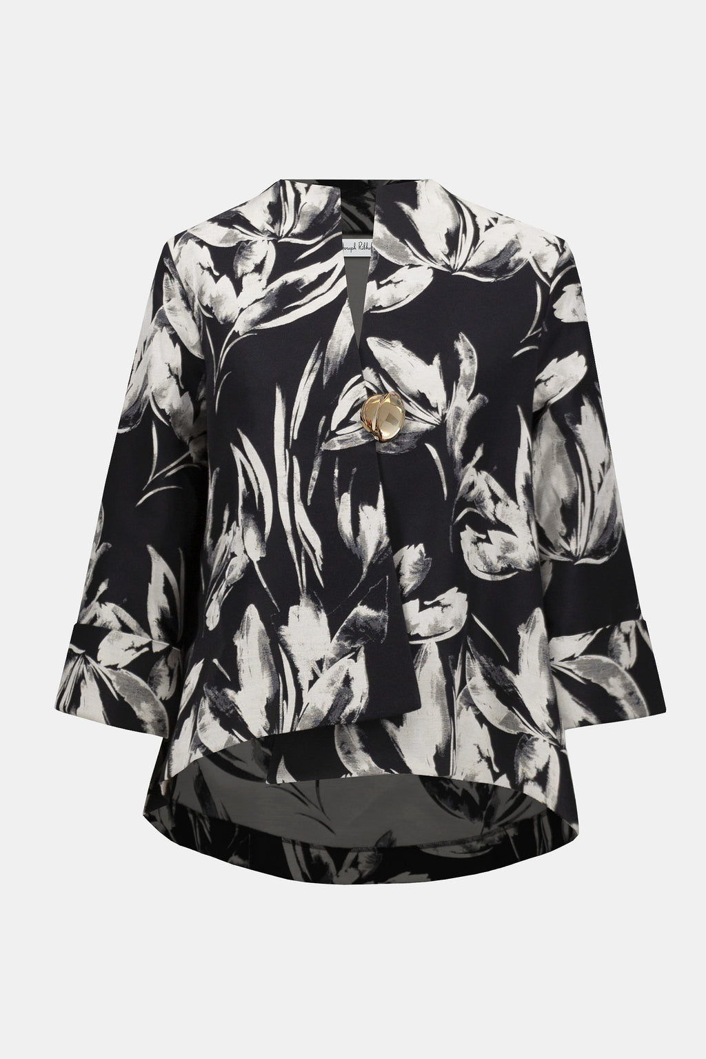 Jacquard Floral Print Swing Jacket by Joseph Ribkoff, highlighting the floral jacquard pattern, funnel collar, three-quarter cuffed sleeves, and swing silhouette.