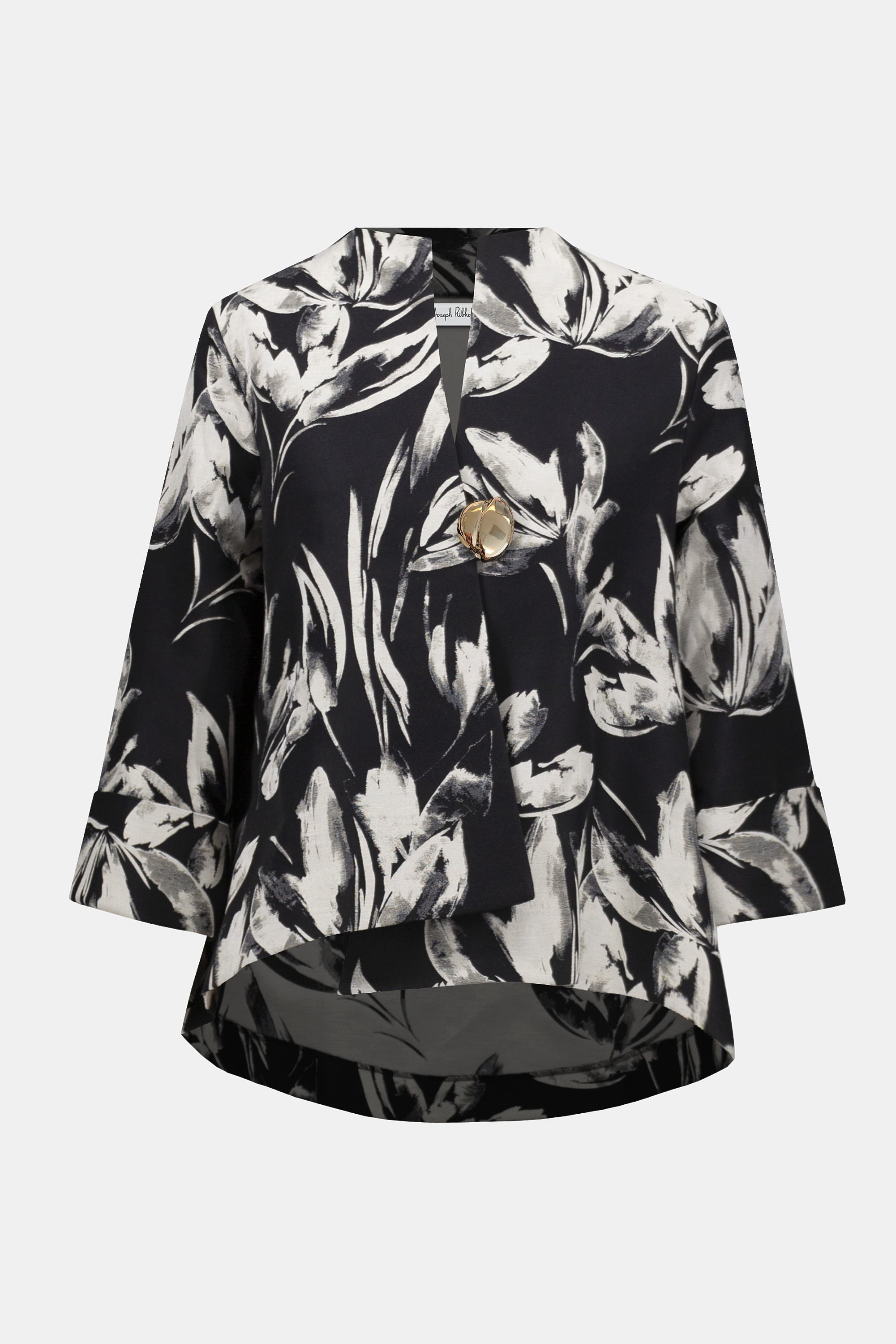 Jacquard Floral Print Swing Jacket by Joseph Ribkoff, highlighting the floral jacquard pattern, funnel collar, three-quarter cuffed sleeves, and swing silhouette.