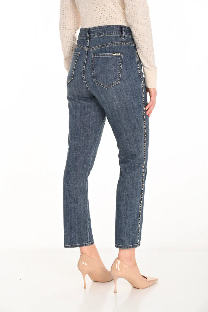 High-Waisted Cropped Jeans by Frank Lyman in blue, highlighting the slim fit, cropped length, front and back pocket design, and premium denim fabric texture. Views include front, back, and close-ups for detailed fabric and stitch work.