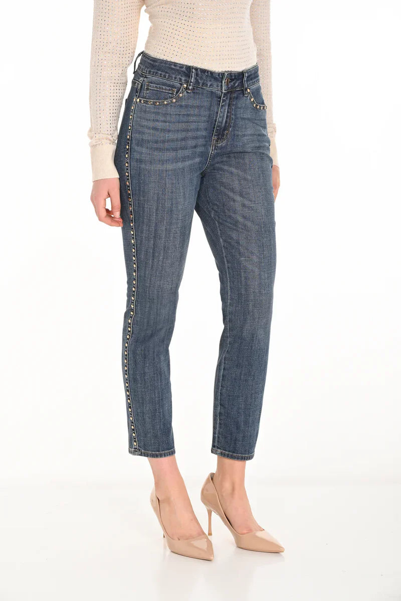High-Waisted Cropped Jeans by Frank Lyman in blue, highlighting the slim fit, cropped length, front and back pocket design, and premium denim fabric texture. Views include front, back, and close-ups for detailed fabric and stitch work.