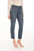 High-Waisted Cropped Jeans by Frank Lyman in blue, highlighting the slim fit, cropped length, front and back pocket design, and premium denim fabric texture. Views include front, back, and close-ups for detailed fabric and stitch work.