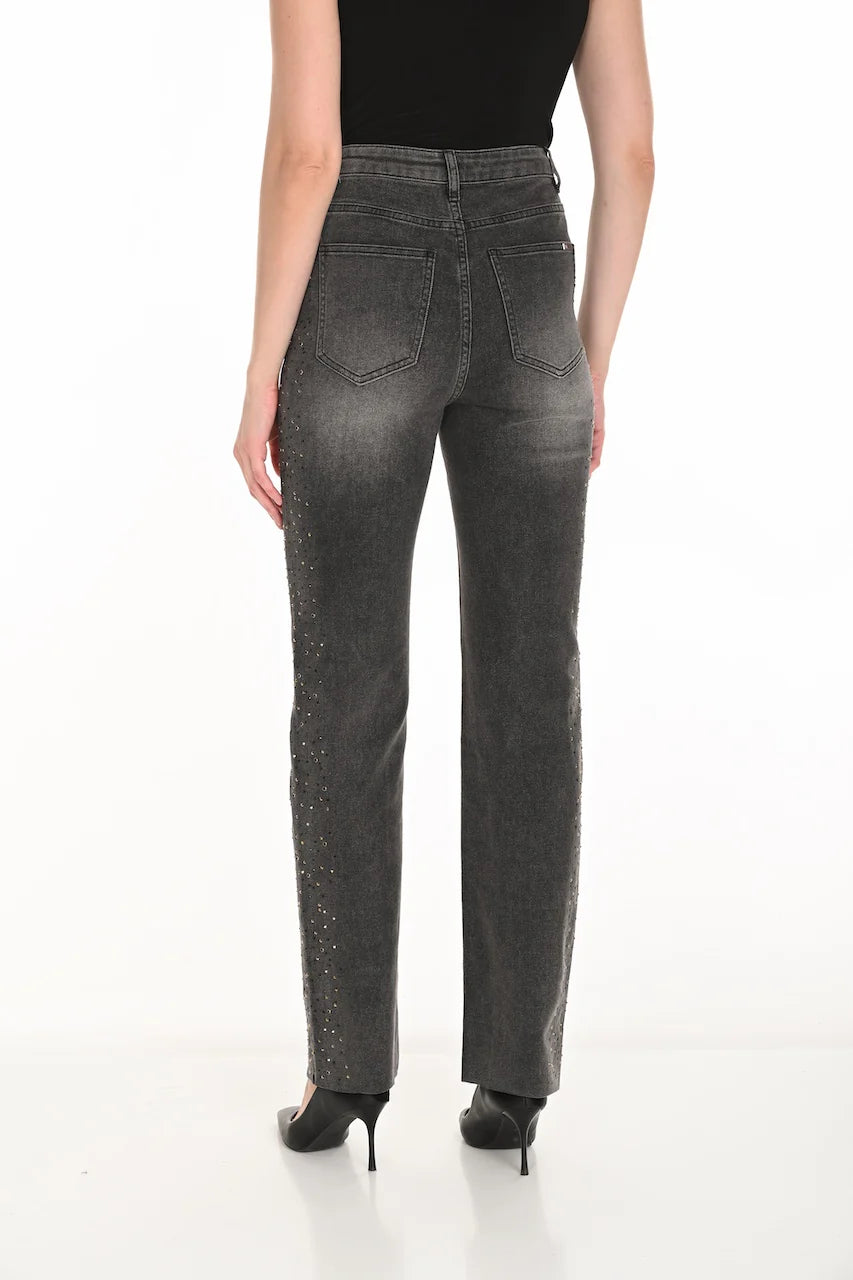 High-Waisted Edgy Jeans by Frank Lyman, showcasing the sleek black denim, structured high waist, and straight leg fit. Multiple angles include front, back, and details of pockets and stitching, highlighting the jeans’ refined finish and fit.