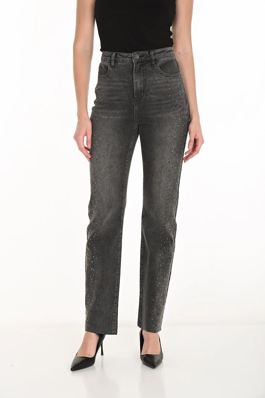 High-Waisted Edgy Jeans by Frank Lyman, showcasing the sleek black denim, structured high waist, and straight leg fit. Multiple angles include front, back, and details of pockets and stitching, highlighting the jeans’ refined finish and fit.