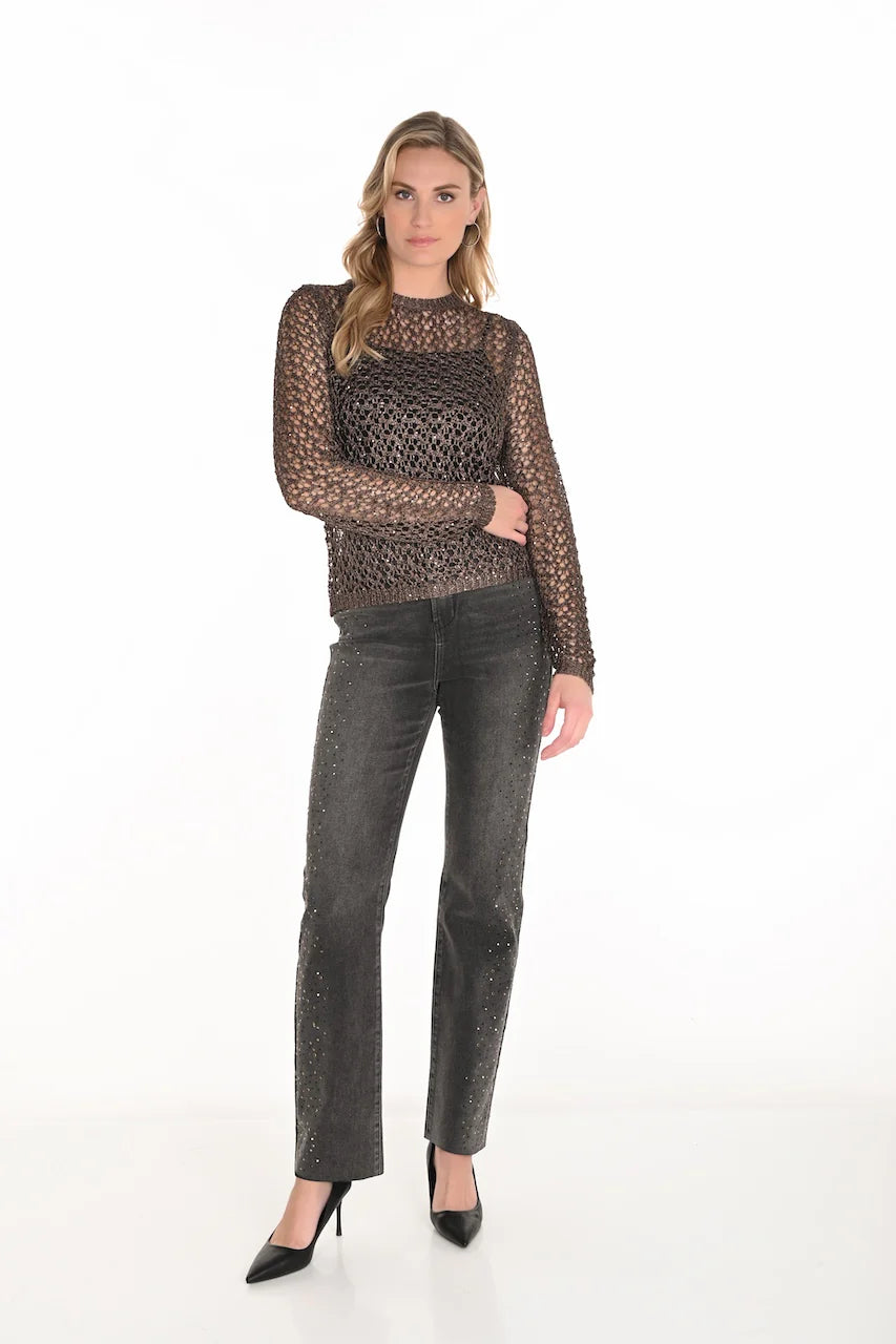 High-Waisted Edgy Jeans by Frank Lyman, showcasing the sleek black denim, structured high waist, and straight leg fit. Multiple angles include front, back, and details of pockets and stitching, highlighting the jeans’ refined finish and fit.