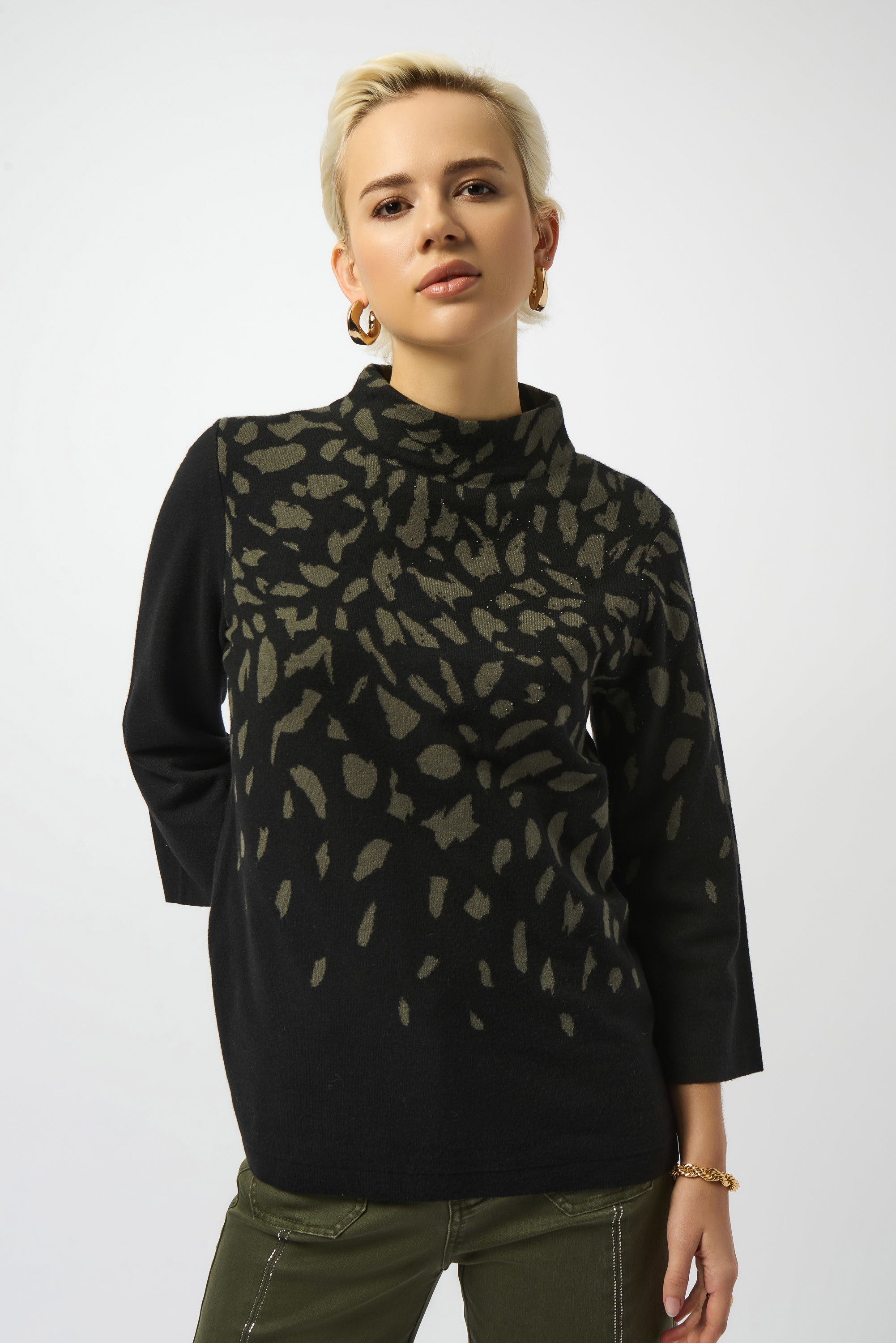 Jacquard Animal Print Sweater from Joseph Ribkoff, highlighting intricate animal print patterns, soft knit texture, relaxed fit, and classic styling. Photos present front, side, and detailed close-ups to emphasize fabric quality and print clarity.