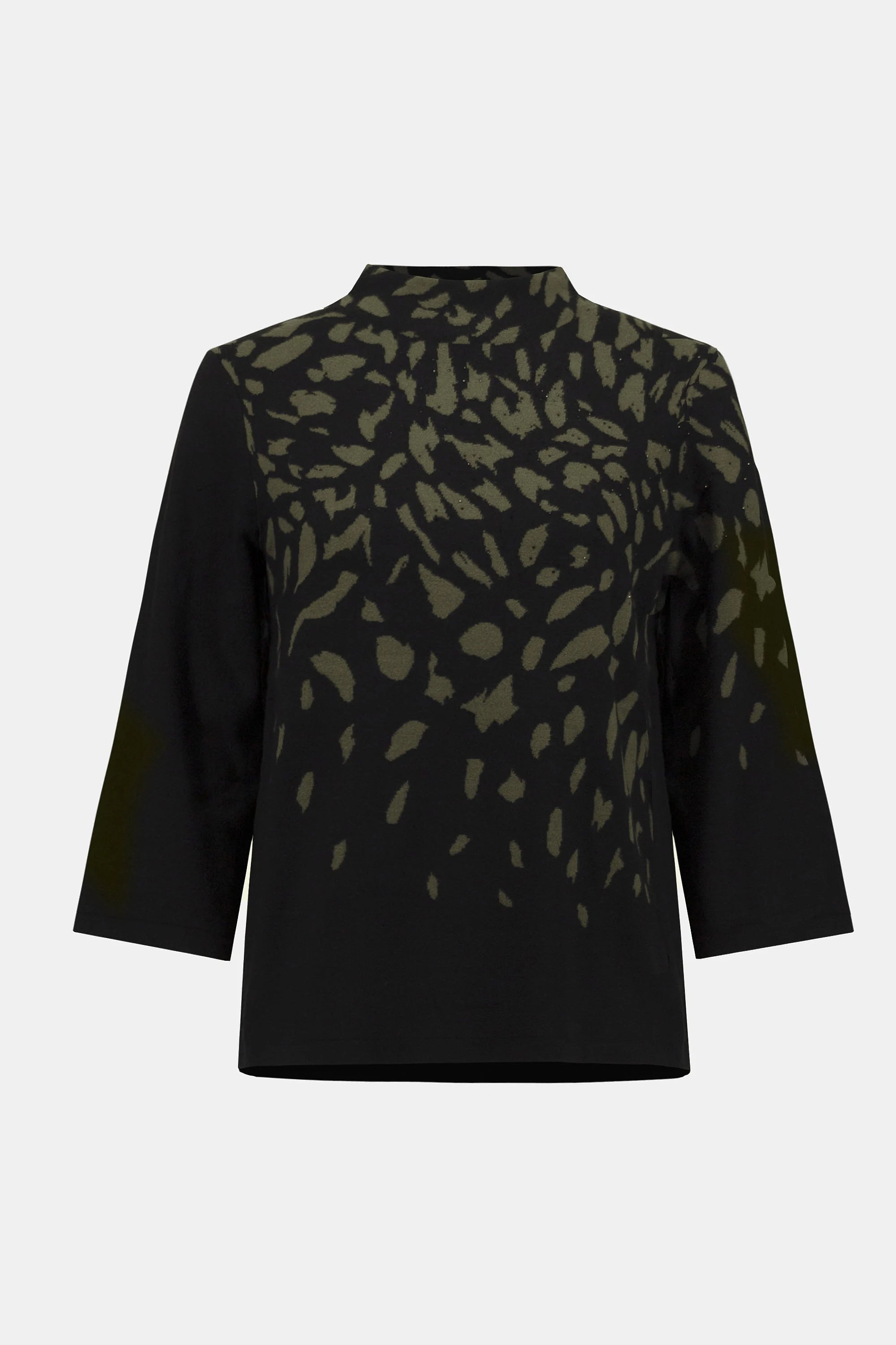 Jacquard Animal Print Sweater from Joseph Ribkoff, highlighting intricate animal print patterns, soft knit texture, relaxed fit, and classic styling. Photos present front, side, and detailed close-ups to emphasize fabric quality and print clarity.