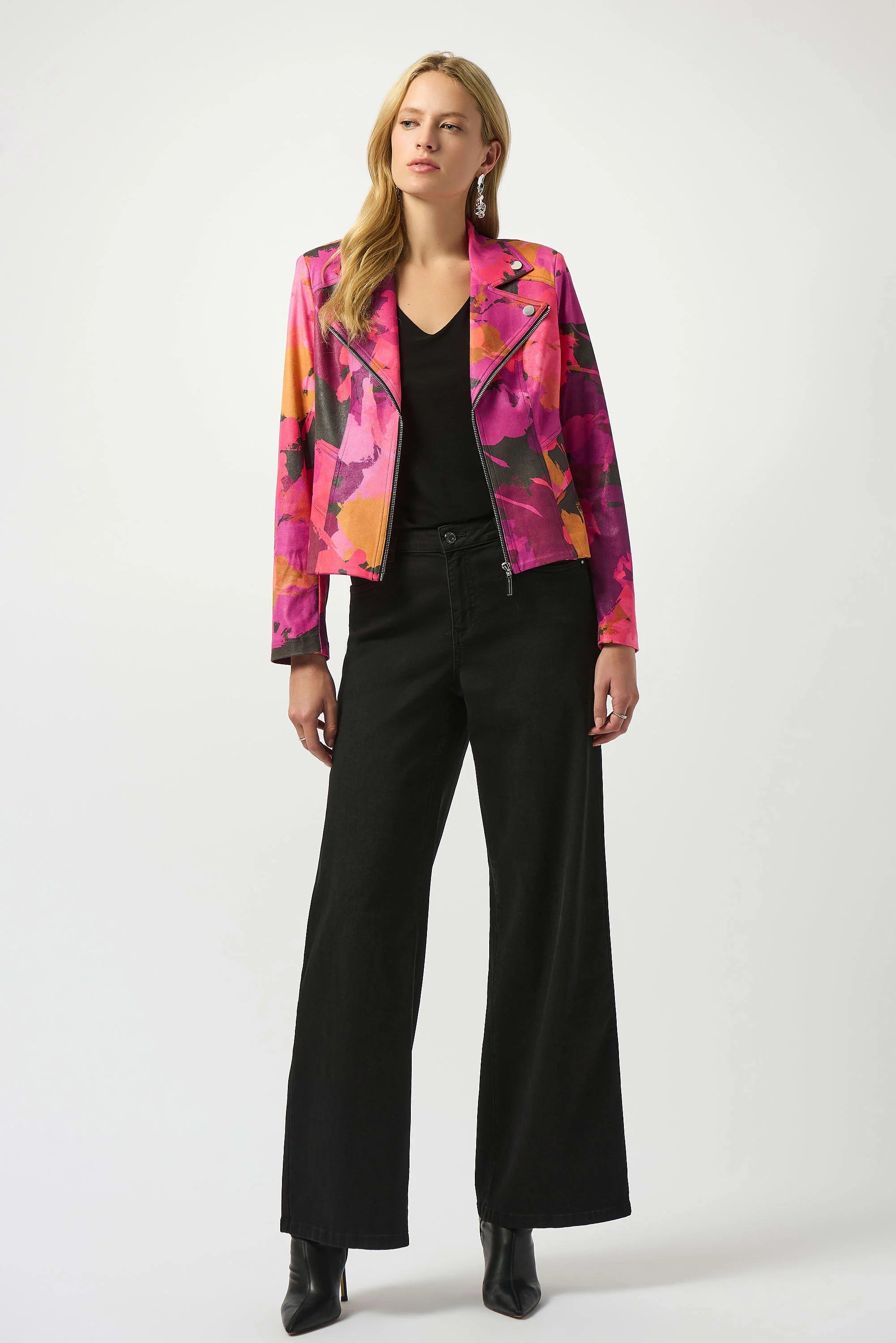 Foiled Faux Suede Abstract Print Fitted Jacket by Joseph Ribkoff. Highlights include the sleek tailored fit, abstract foiled patterns on the faux suede fabric, structured shoulder design, and soft lining. Photos include front, back, and close-up views to emphasize texture and design details.