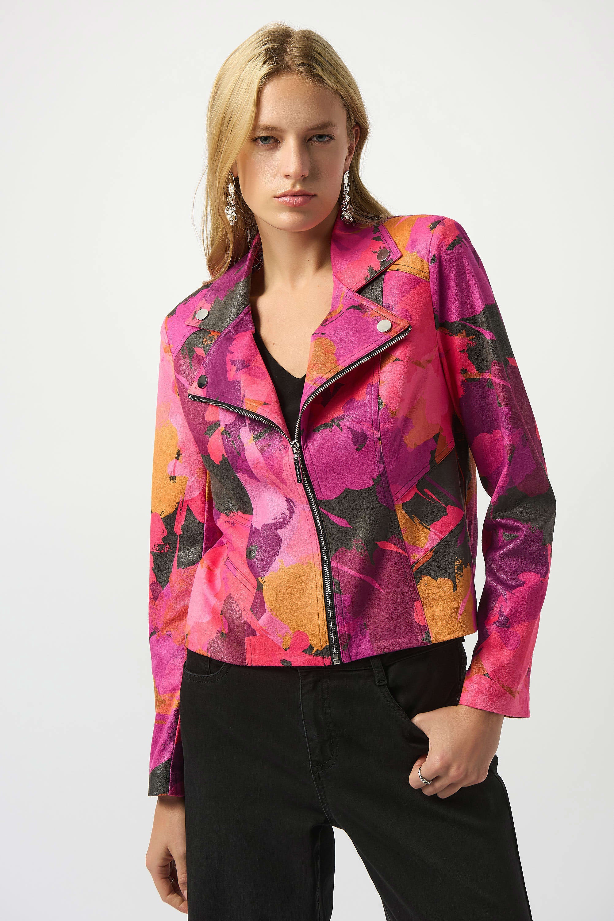 Foiled Faux Suede Abstract Print Fitted Jacket by Joseph Ribkoff. Highlights include the sleek tailored fit, abstract foiled patterns on the faux suede fabric, structured shoulder design, and soft lining. Photos include front, back, and close-up views to emphasize texture and design details.
