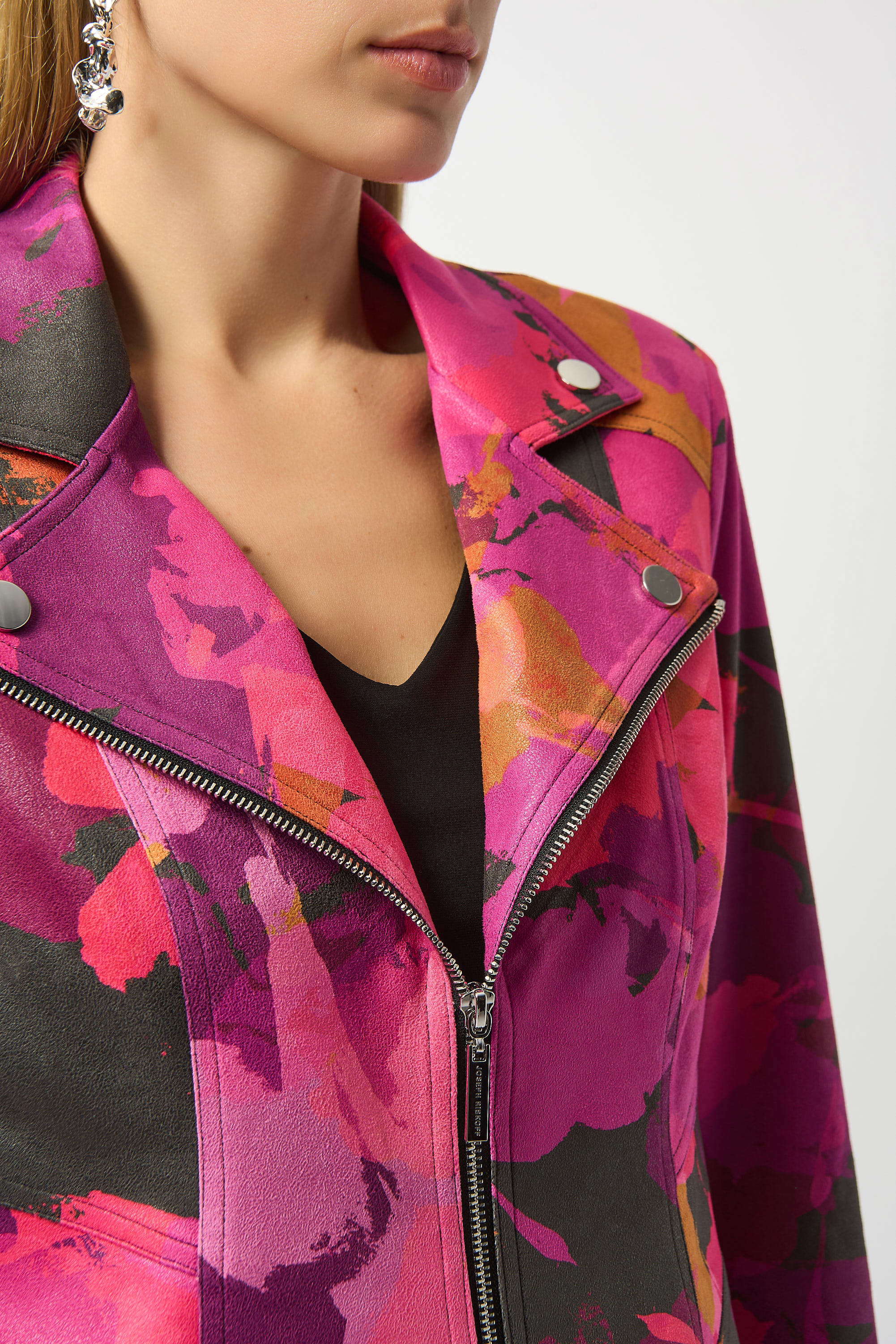 Foiled Faux Suede Abstract Print Fitted Jacket by Joseph Ribkoff. Highlights include the sleek tailored fit, abstract foiled patterns on the faux suede fabric, structured shoulder design, and soft lining. Photos include front, back, and close-up views to emphasize texture and design details.