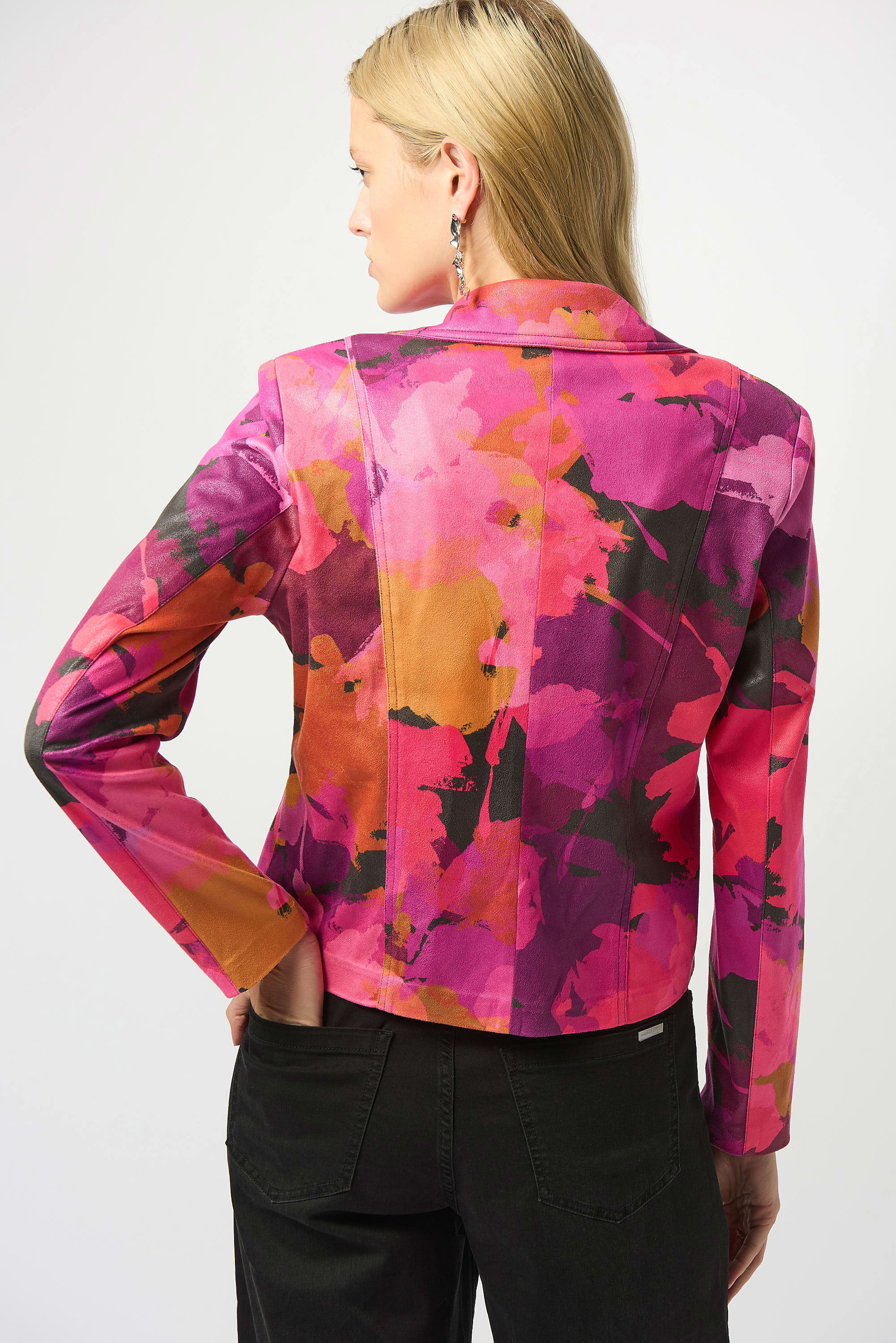 Foiled Faux Suede Abstract Print Fitted Jacket by Joseph Ribkoff. Highlights include the sleek tailored fit, abstract foiled patterns on the faux suede fabric, structured shoulder design, and soft lining. Photos include front, back, and close-up views to emphasize texture and design details.