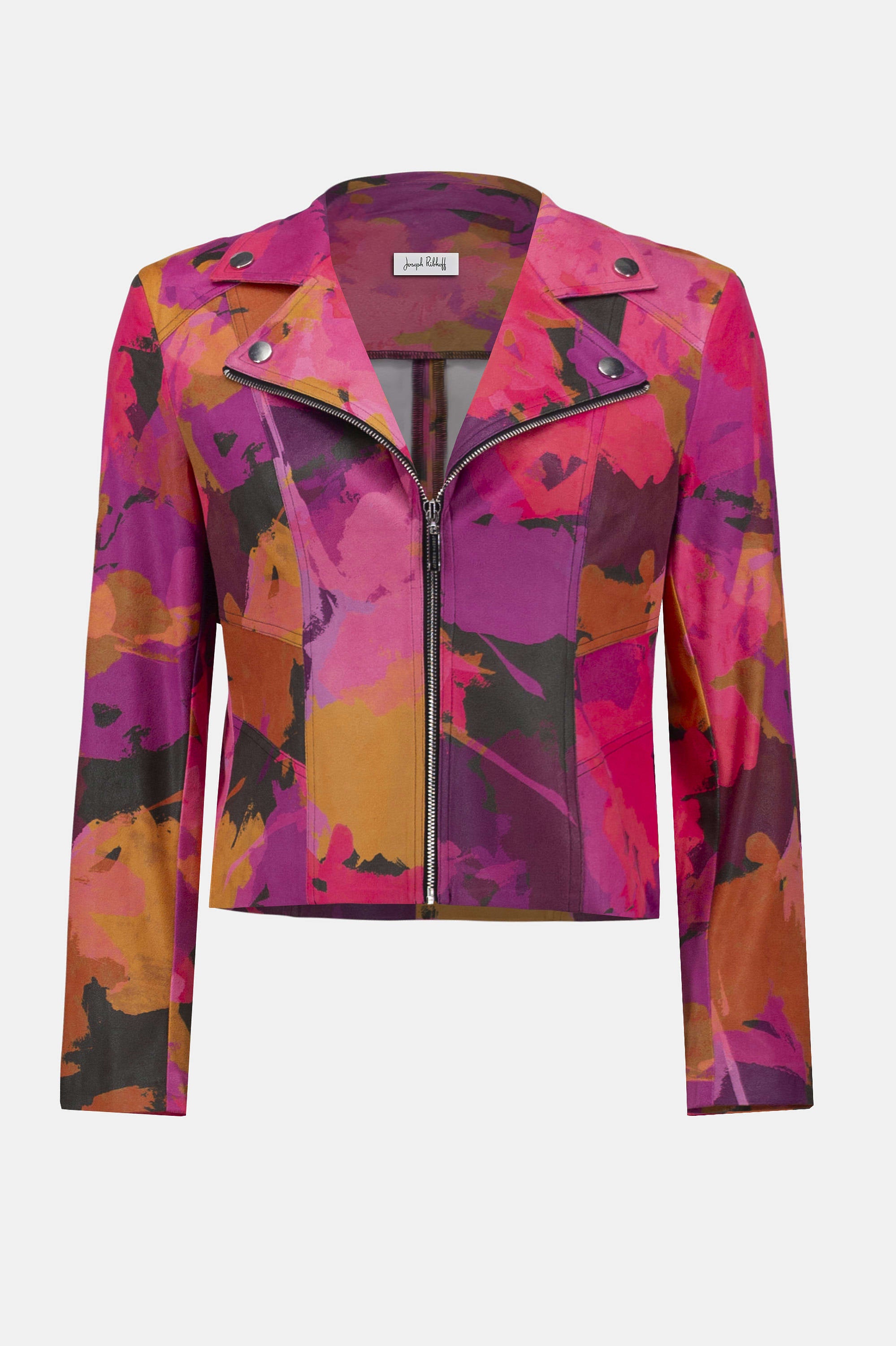Foiled Faux Suede Abstract Print Fitted Jacket by Joseph Ribkoff. Highlights include the sleek tailored fit, abstract foiled patterns on the faux suede fabric, structured shoulder design, and soft lining. Photos include front, back, and close-up views to emphasize texture and design details.