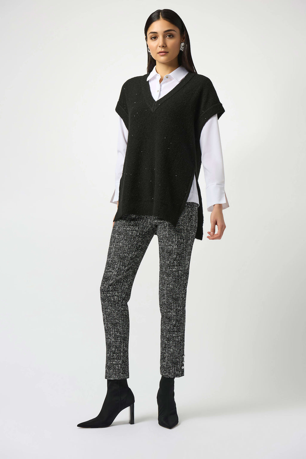 Sweater Knit Sleeveless Tunic with sequins by Joseph Ribkoff, highlighting the soft knit texture, sparkling sequin details, and relaxed silhouette.