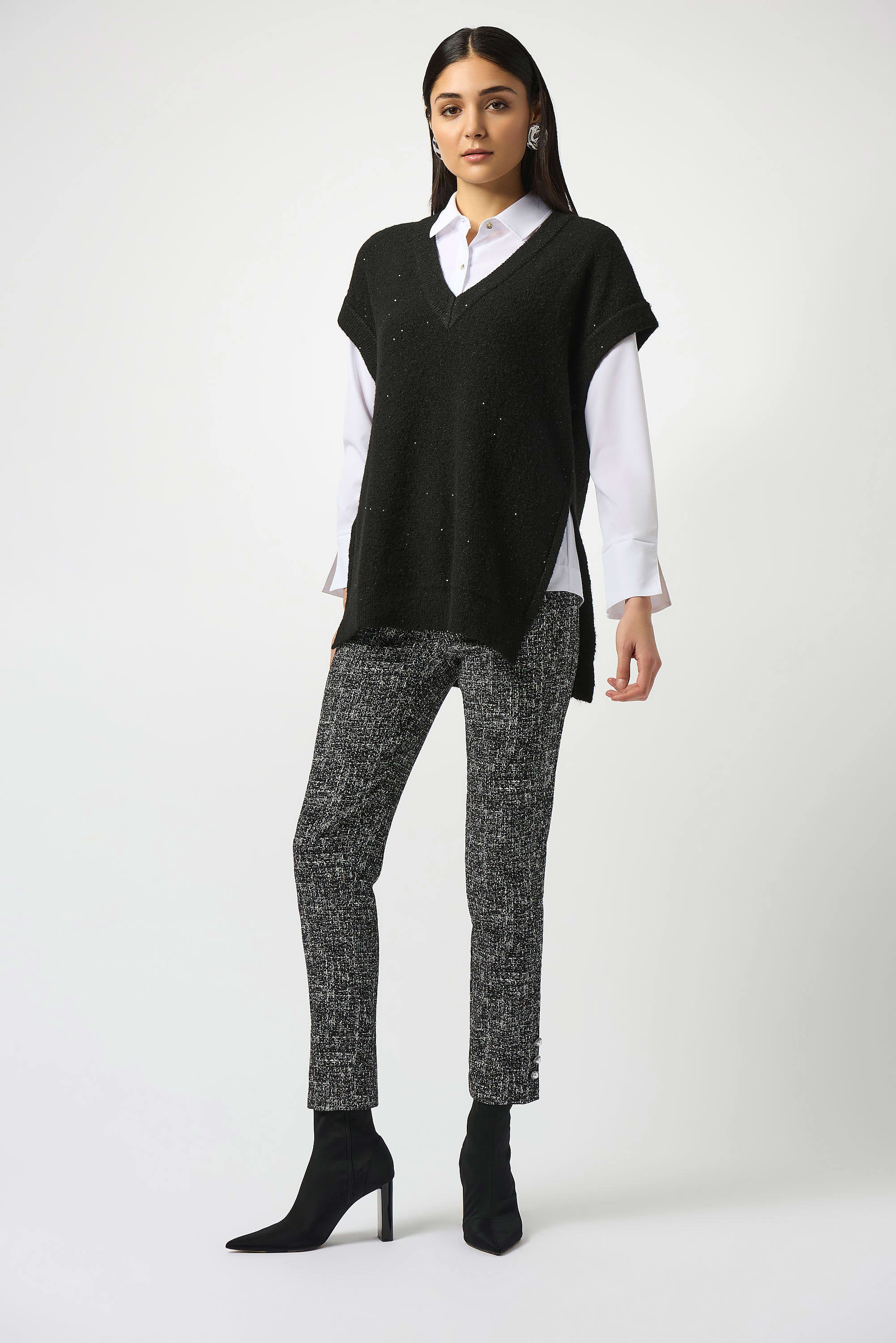 Sweater Knit Sleeveless Tunic with sequins by Joseph Ribkoff, highlighting the soft knit texture, sparkling sequin details, and relaxed silhouette.