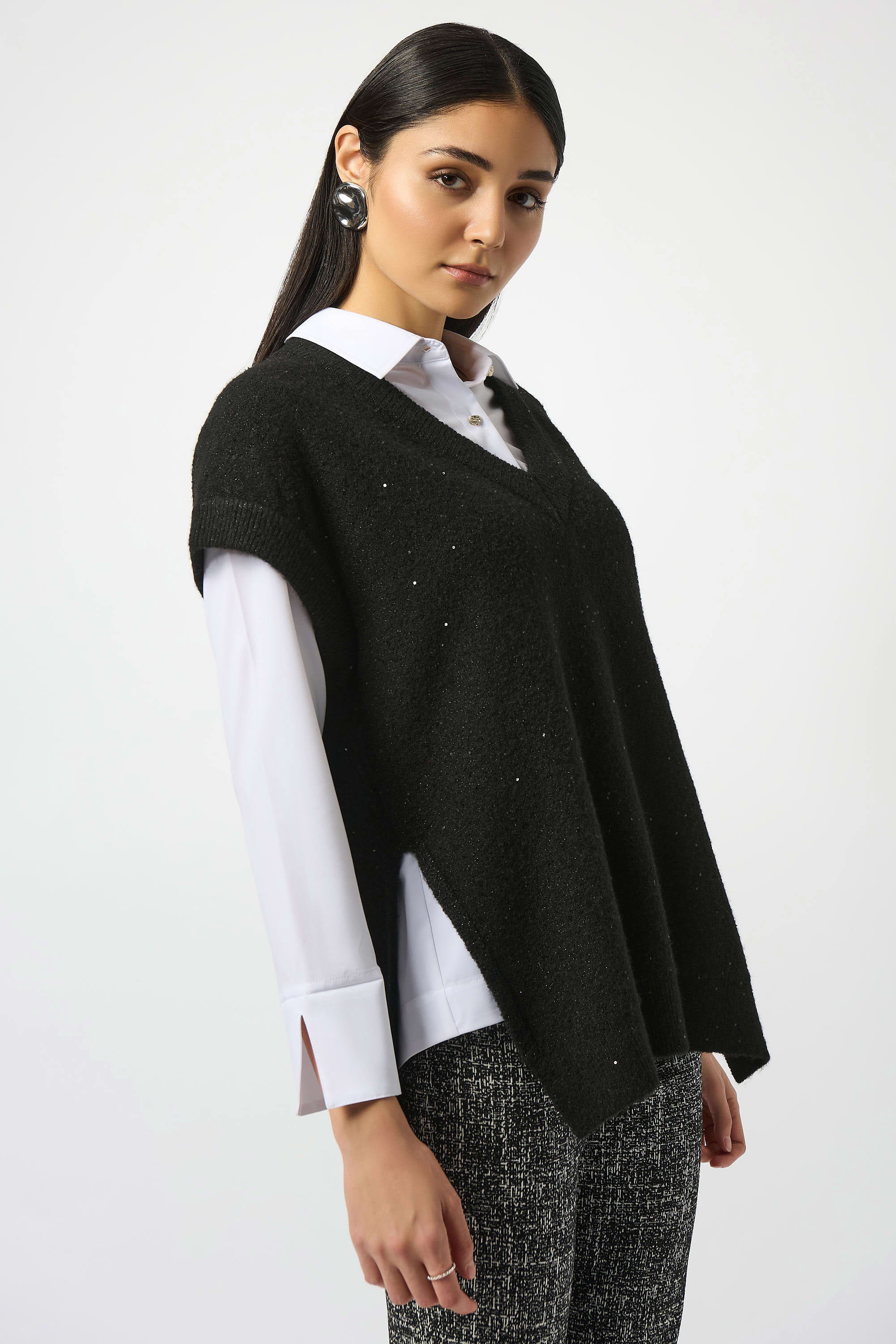 Sweater Knit Sleeveless Tunic with sequins by Joseph Ribkoff, highlighting the soft knit texture, sparkling sequin details, and relaxed silhouette.