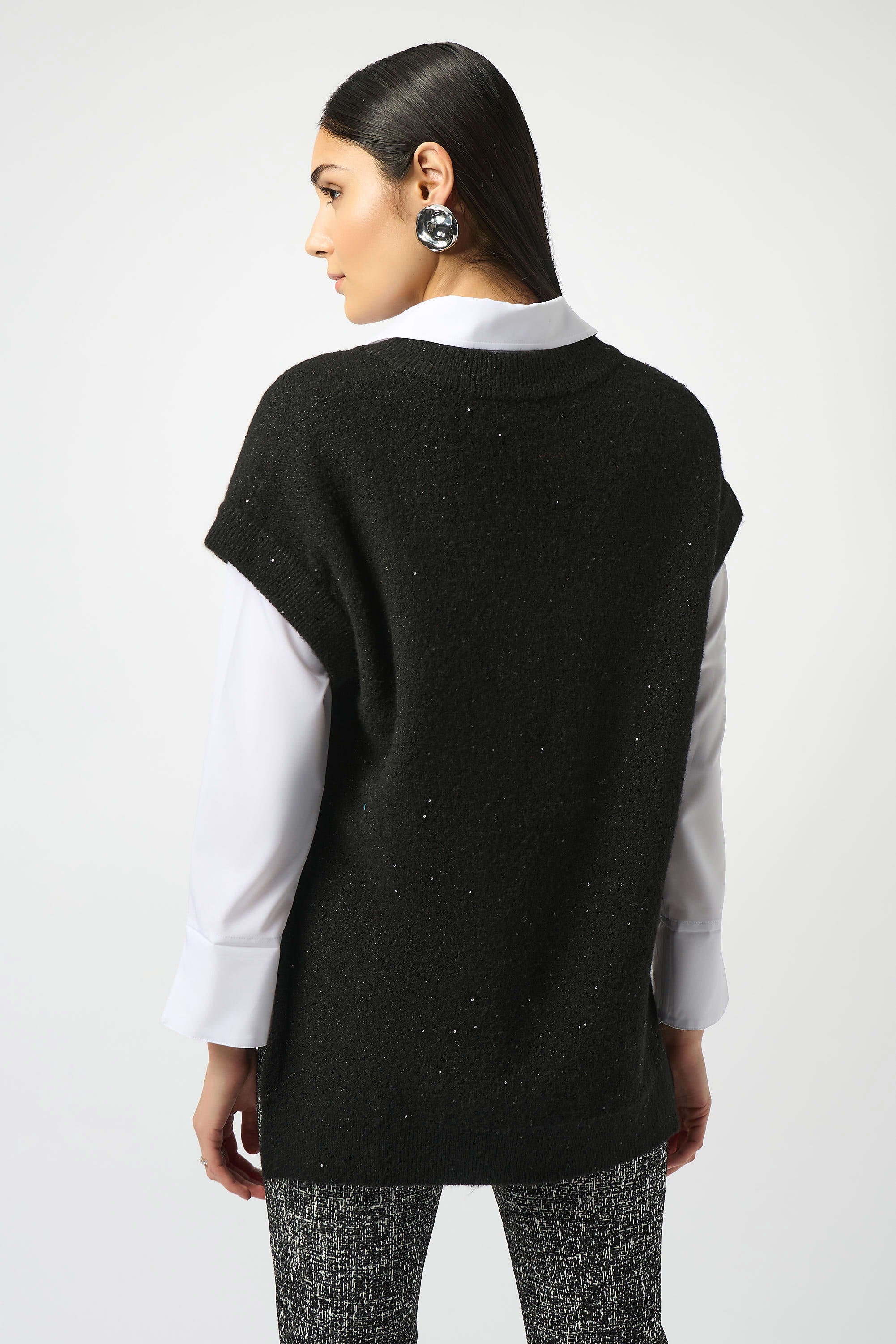Sweater Knit Sleeveless Tunic with sequins by Joseph Ribkoff, highlighting the soft knit texture, sparkling sequin details, and relaxed silhouette.
