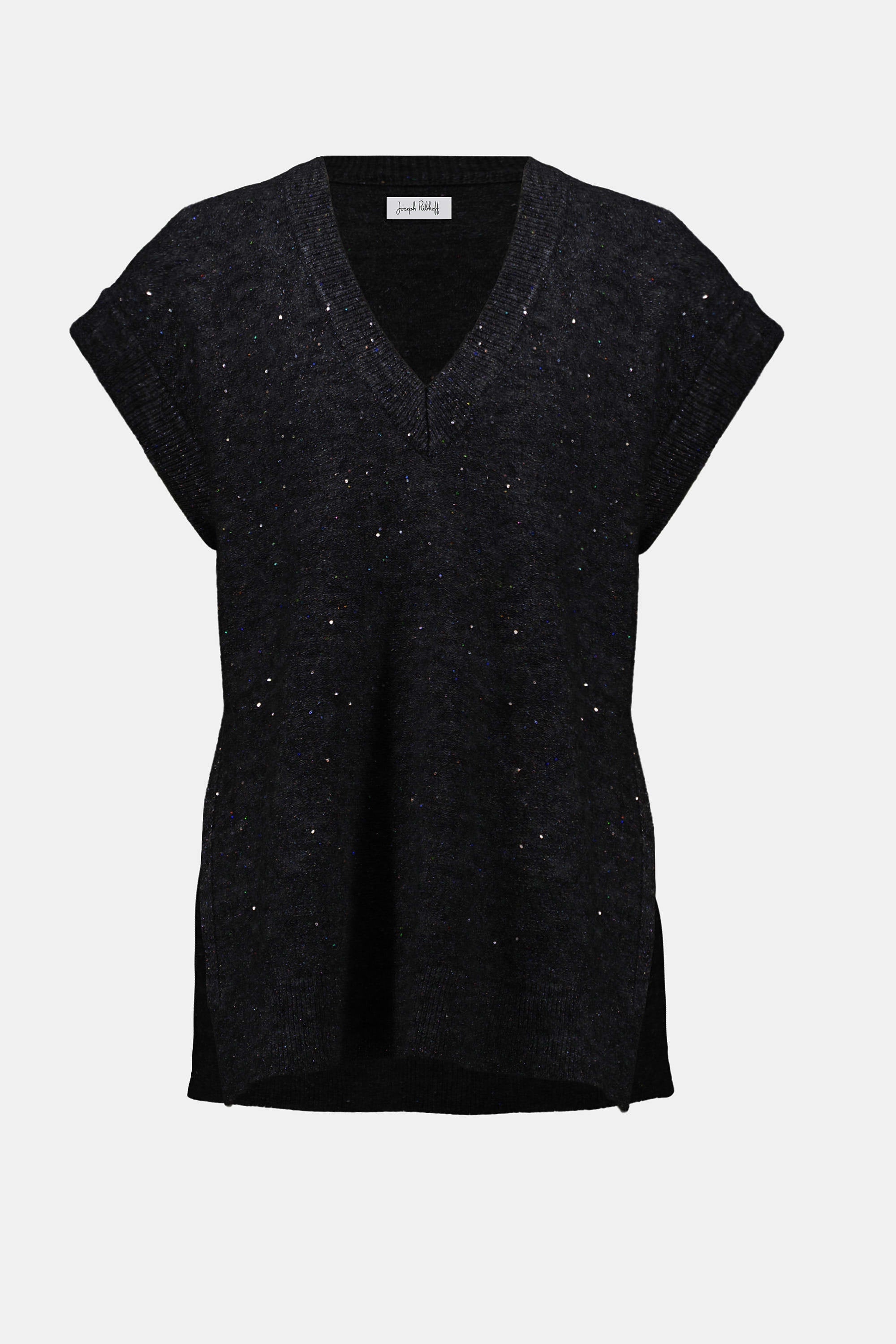 Sweater Knit Sleeveless Tunic with sequins by Joseph Ribkoff, highlighting the soft knit texture, sparkling sequin details, and relaxed silhouette.