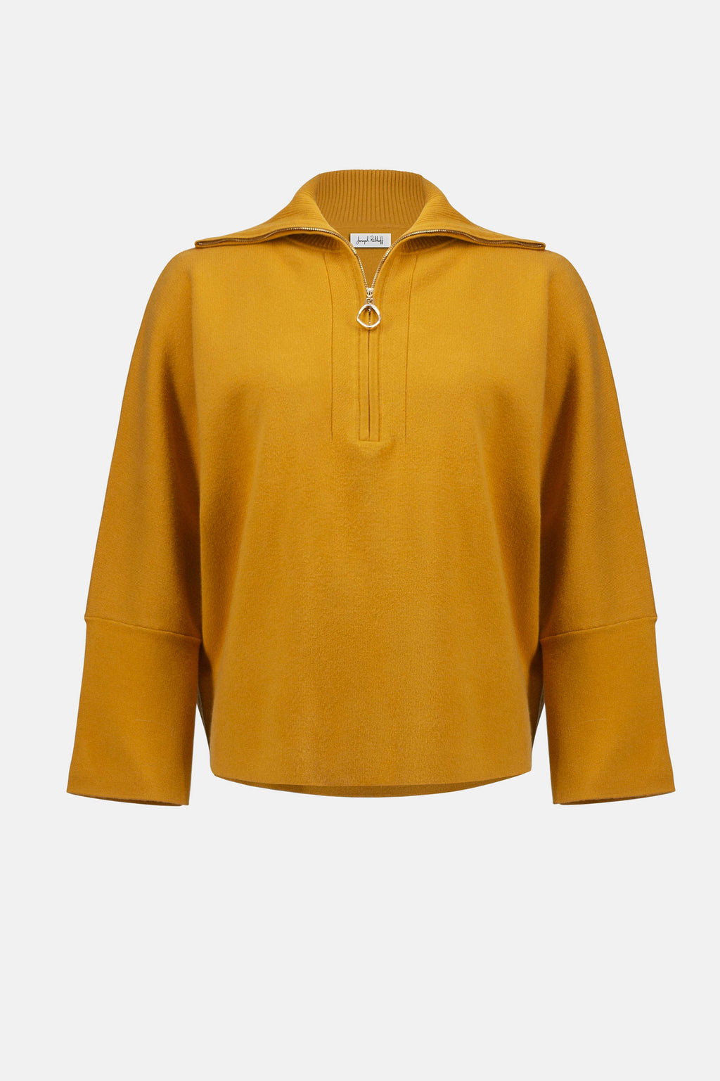 Showcasing the Sweater Knit Boxy Pullover with Zipped Collar by Joseph Ribkoff. Highlights include the relaxed boxy silhouette, functional zip collar, bell sleeves. Available colors Black, Winter White, Avocado, and Medallion, emphasizing fabric texture and fit.