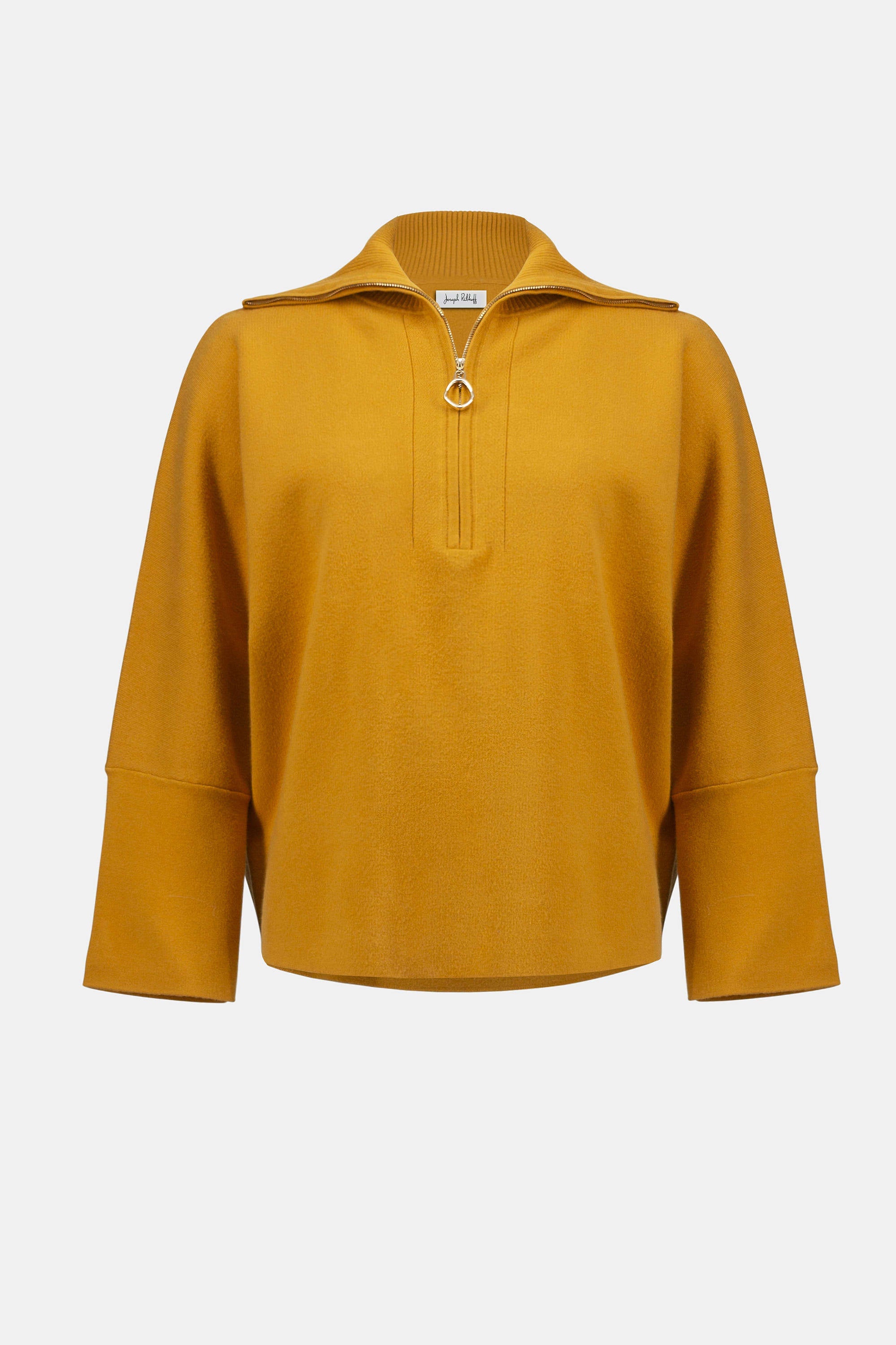 Showcasing the Sweater Knit Boxy Pullover with Zipped Collar by Joseph Ribkoff. Highlights include the relaxed boxy silhouette, functional zip collar, bell sleeves. Available colors Black, Winter White, Avocado, and Medallion, emphasizing fabric texture and fit.