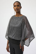 Sequined Pleated Knit Layered Top by Joseph Ribkoff, highlighting the pleated knit texture, shimmering sequin accents, and layered design. Photos include front, back, and close-up views to emphasize the fabric’s sparkle and construction details.