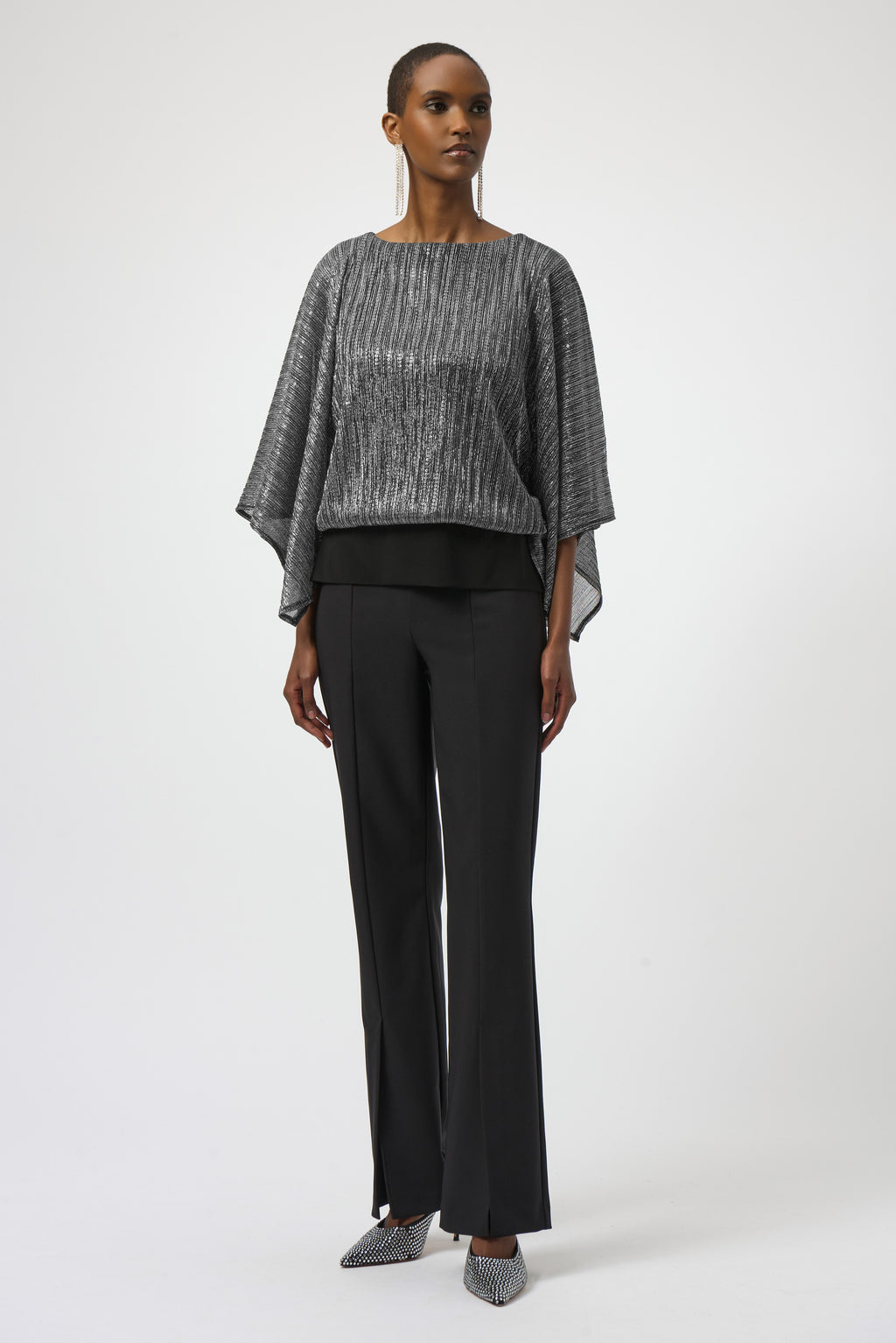 Sequined Pleated Knit Layered Top by Joseph Ribkoff, highlighting the pleated knit texture, shimmering sequin accents, and layered design. Photos include front, back, and close-up views to emphasize the fabric’s sparkle and construction details.