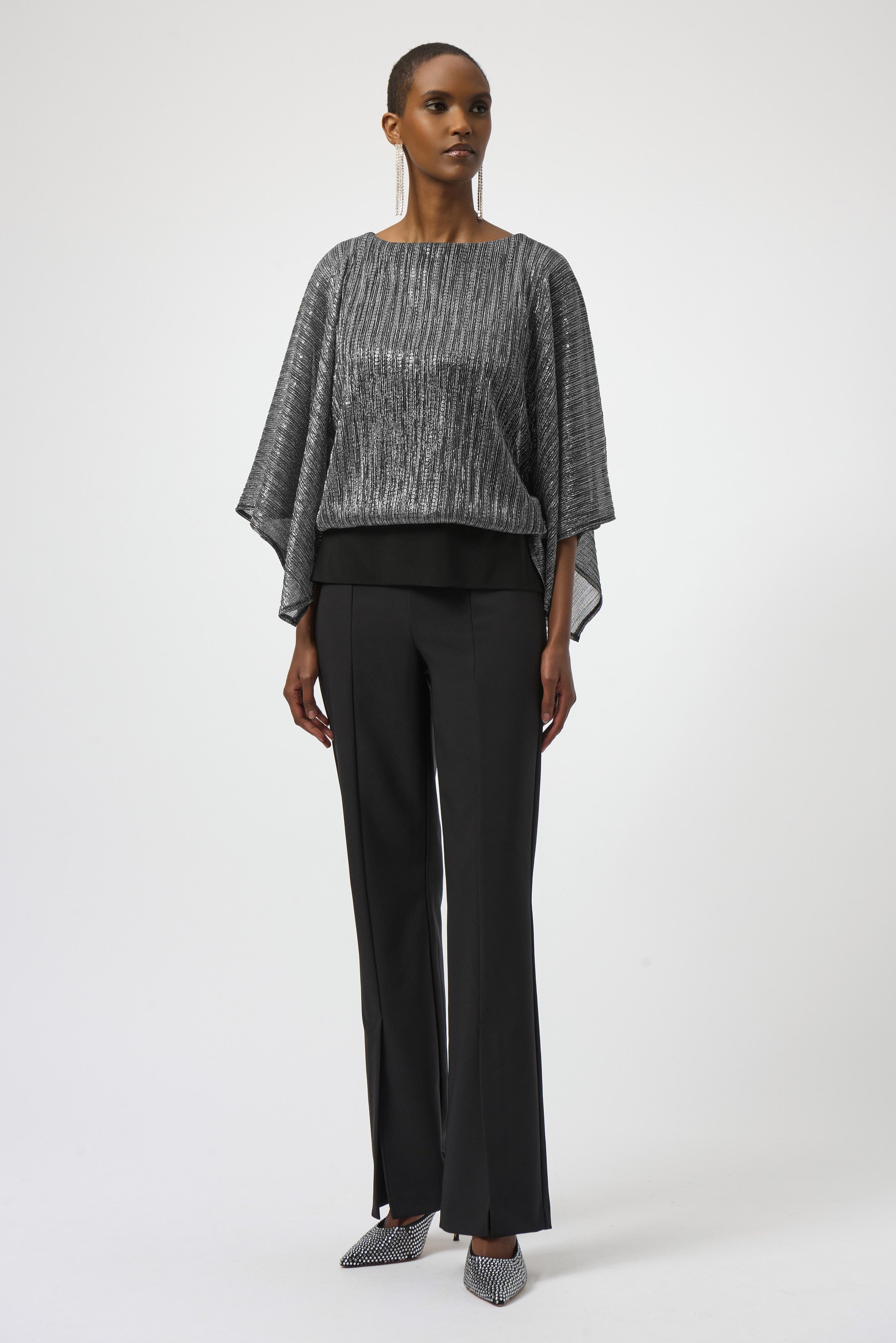 Sequined Pleated Knit Layered Top by Joseph Ribkoff, highlighting the pleated knit texture, shimmering sequin accents, and layered design. Photos include front, back, and close-up views to emphasize the fabric’s sparkle and construction details.